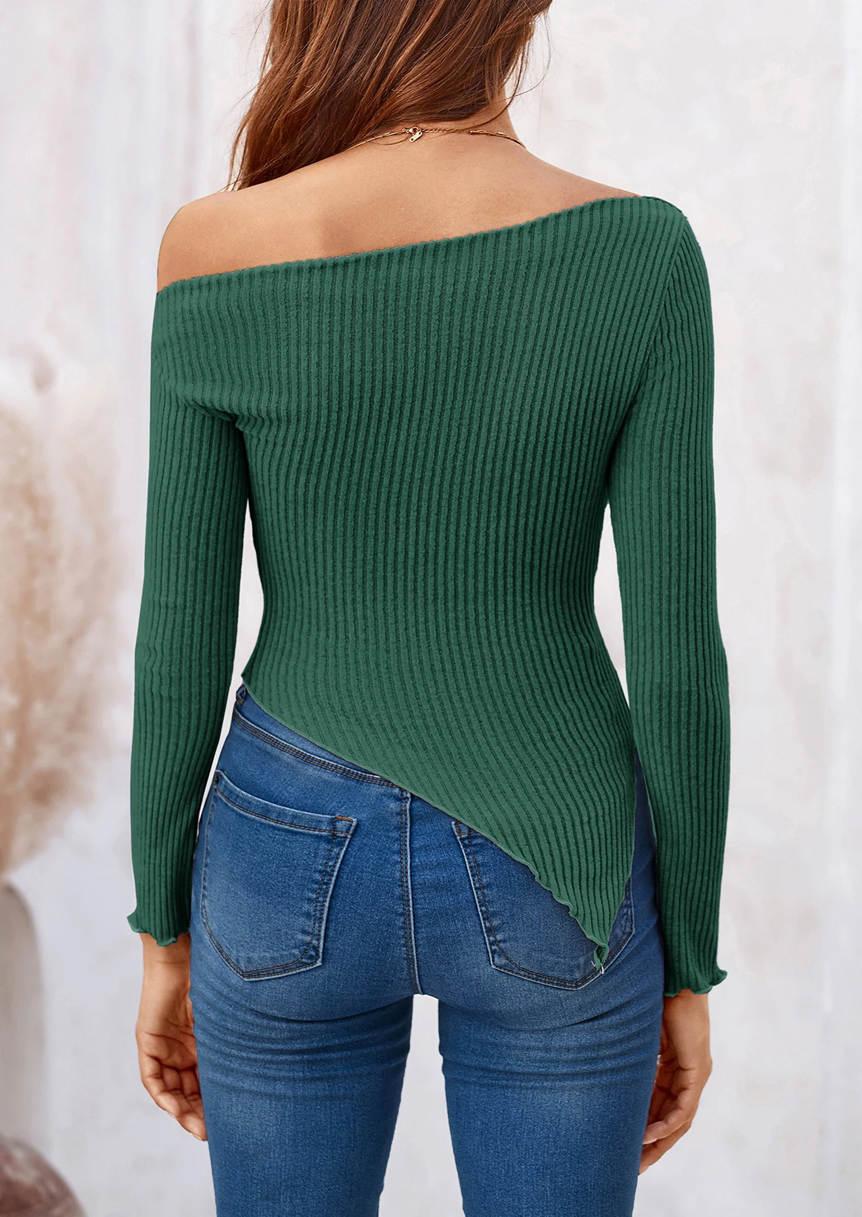 PRETTYGARDEN Women's Spring Long Sleeve Y2K Crop Top Trendy Off Shoulder Asymmetrical Fitted Knit Tee Shirts Going Out Tops - Image 16