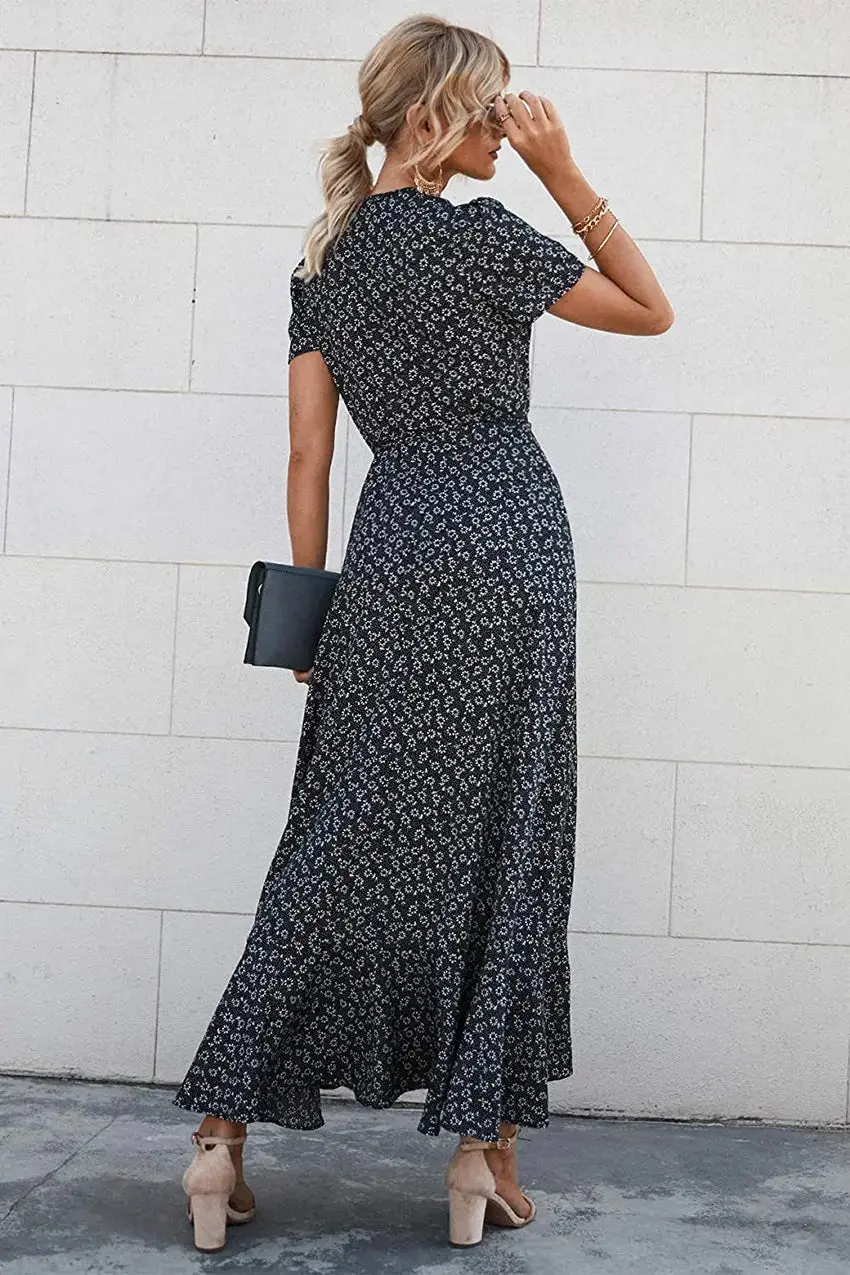 PRETTYGARDEN Women's Summer Maxi Dress Casual Wrap Floral Boho Short Sleeve V Neck Split Ruffle Beach Long Dresses - Image 36