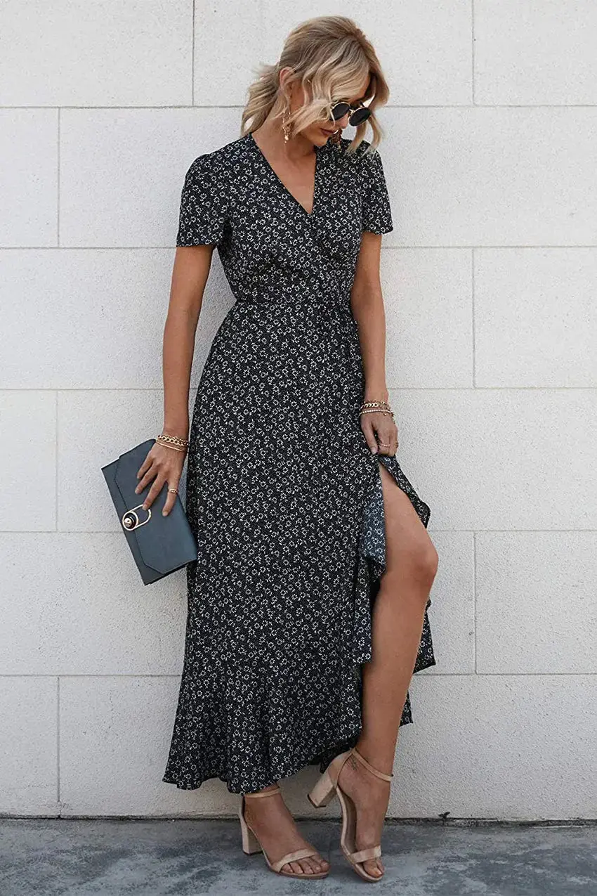 PRETTYGARDEN Women's Summer Maxi Dress Casual Wrap Floral Boho Short Sleeve V Neck Split Ruffle Beach Long Dresses - Image 39