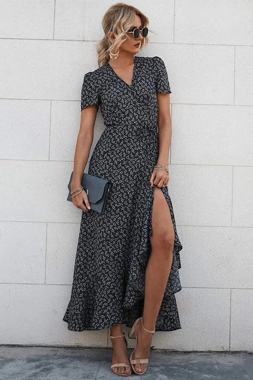 PRETTYGARDEN Women's Summer Maxi Dress Casual Wrap Floral Boho Short Sleeve V Neck Split Ruffle Beach Long Dresses - Image 40