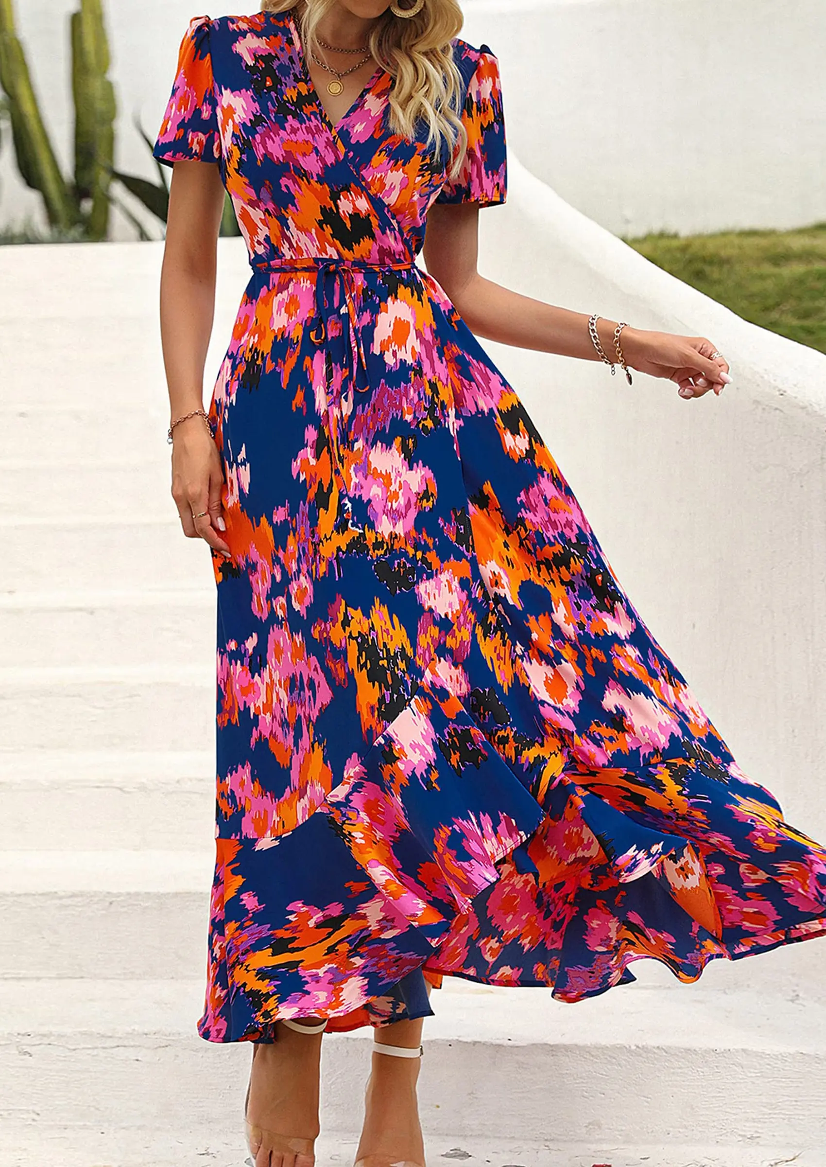 PRETTYGARDEN Women's Summer Maxi Dress Casual Wrap Floral Boho Short Sleeve V Neck Split Ruffle Beach Long Dresses - Image 61