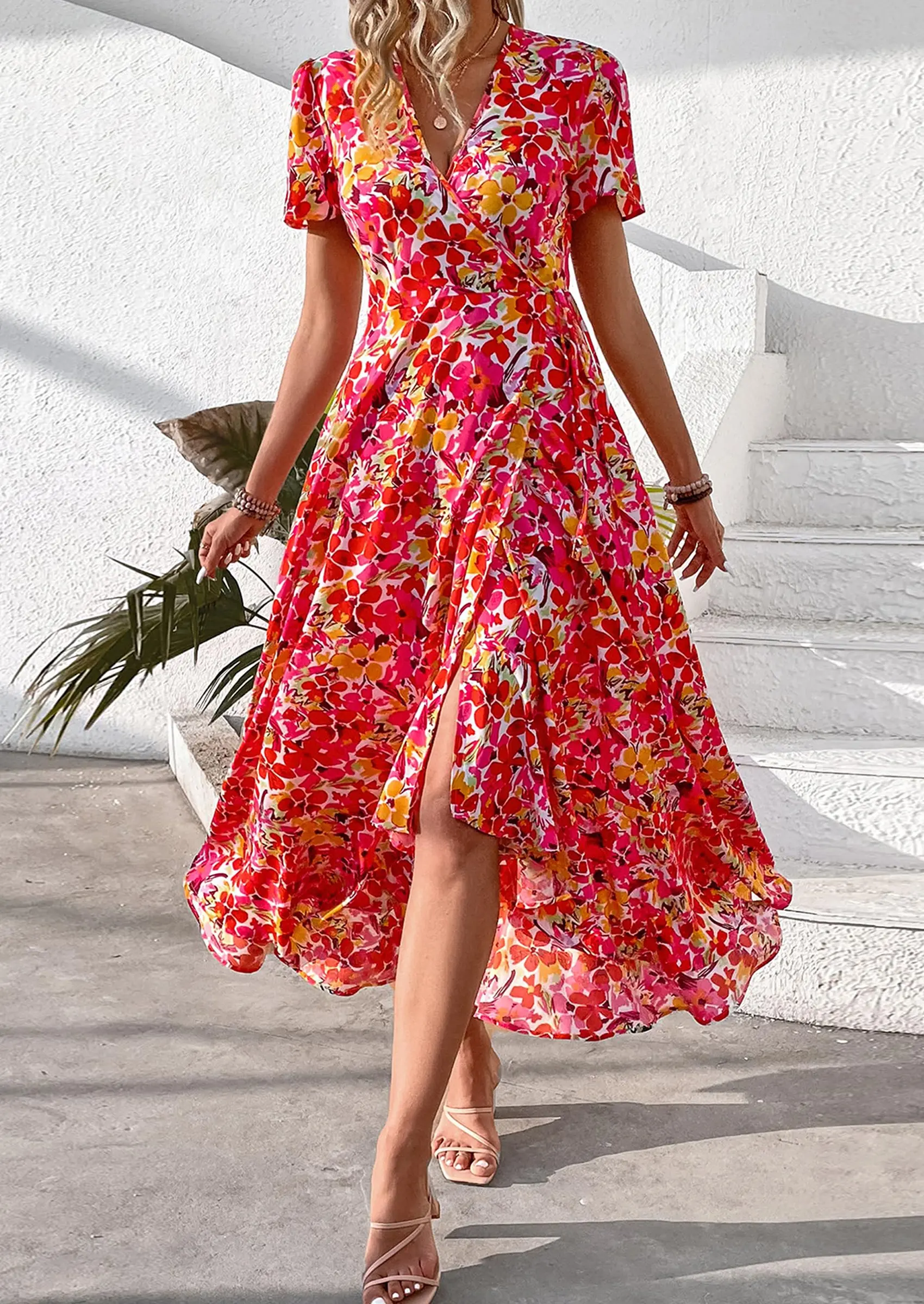 PRETTYGARDEN Women's Summer Maxi Dress Casual Wrap Floral Boho Short Sleeve V Neck Split Ruffle Beach Long Dresses - Image 65