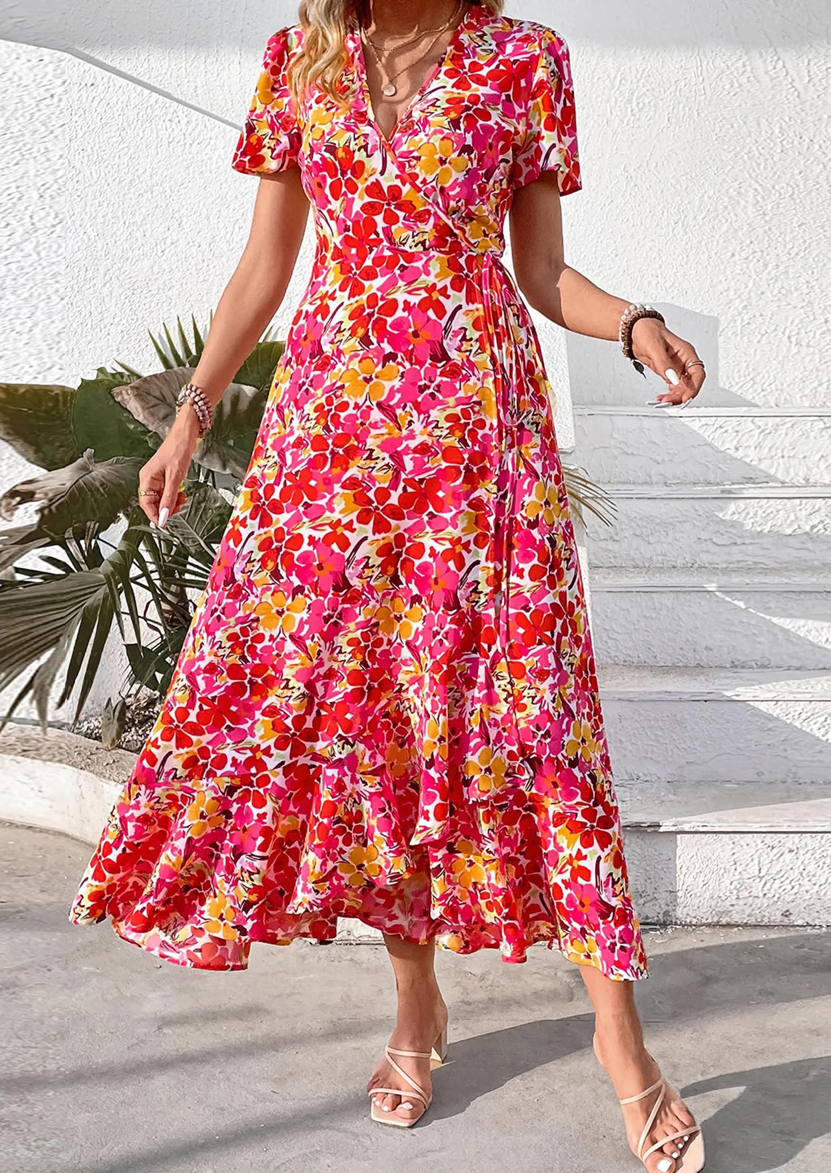 PRETTYGARDEN Women's Summer Maxi Dress Casual Wrap Floral Boho Short Sleeve V Neck Split Ruffle Beach Long Dresses - Image 68