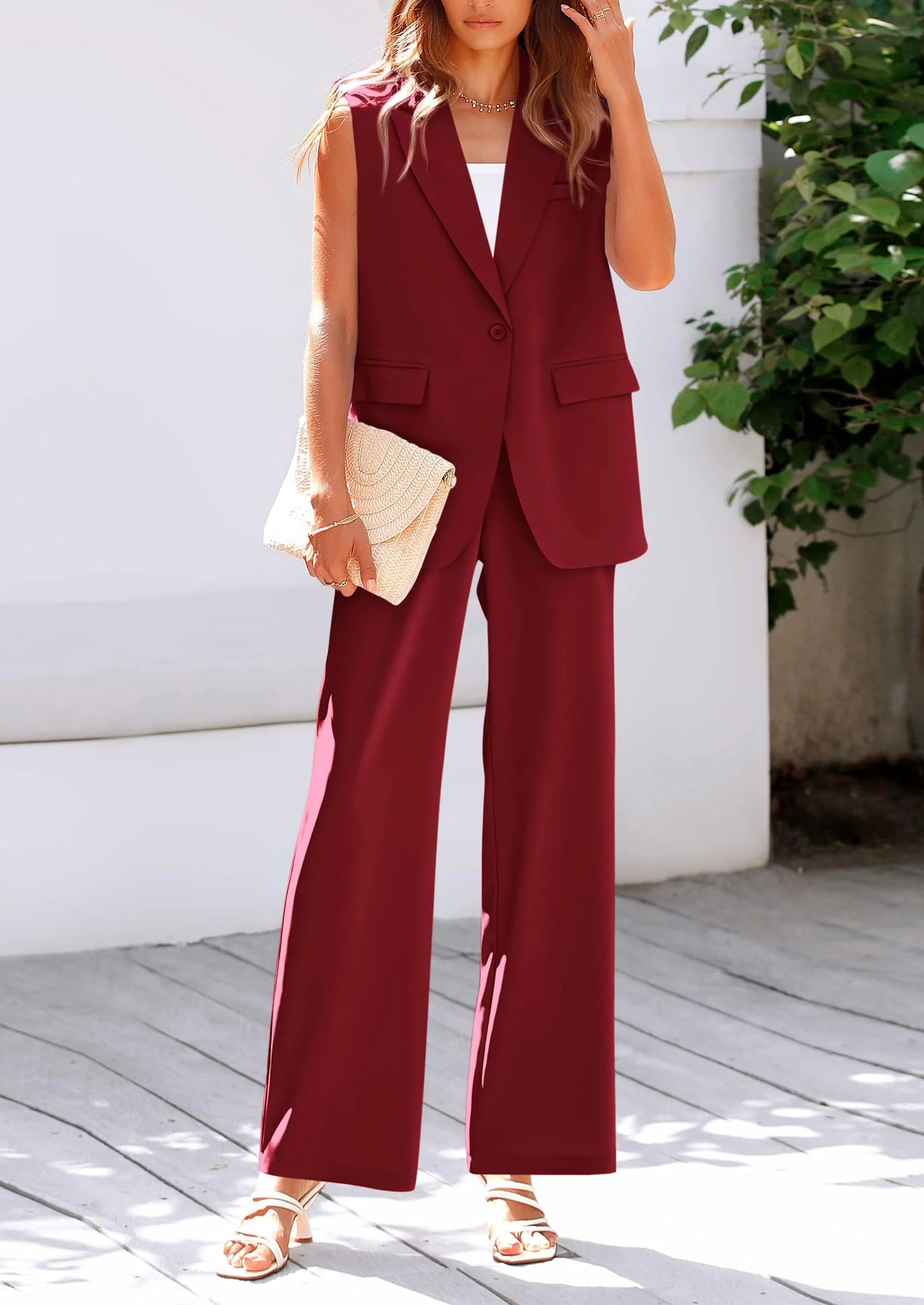 PRETTYGARDEN Women's 2 Piece Outfits Sleeveless Suit Vest and Wide Leg Pants Business Casual Blazer Sets - Image 85