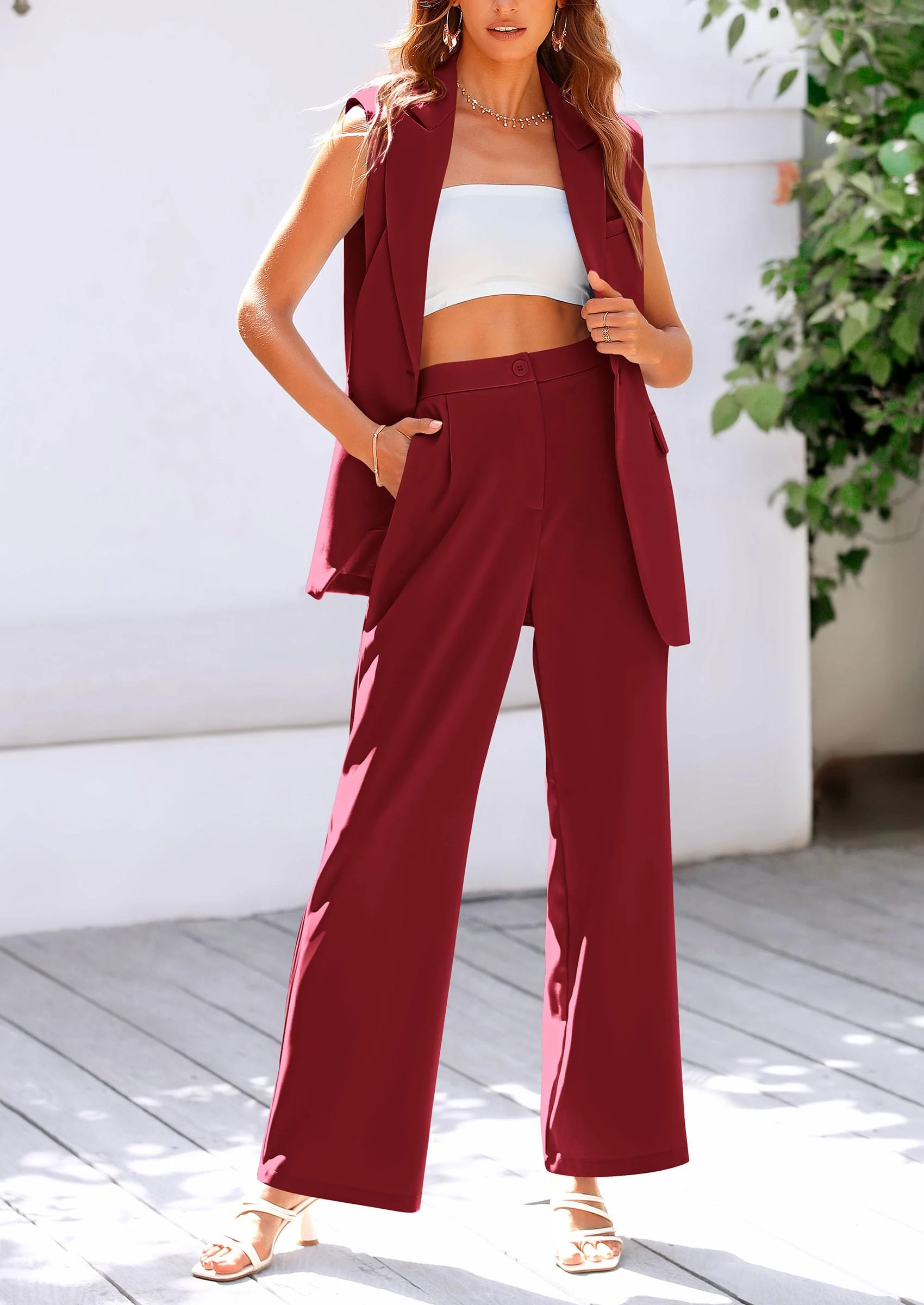 PRETTYGARDEN Women's 2 Piece Outfits Sleeveless Suit Vest and Wide Leg Pants Business Casual Blazer Sets - Image 86