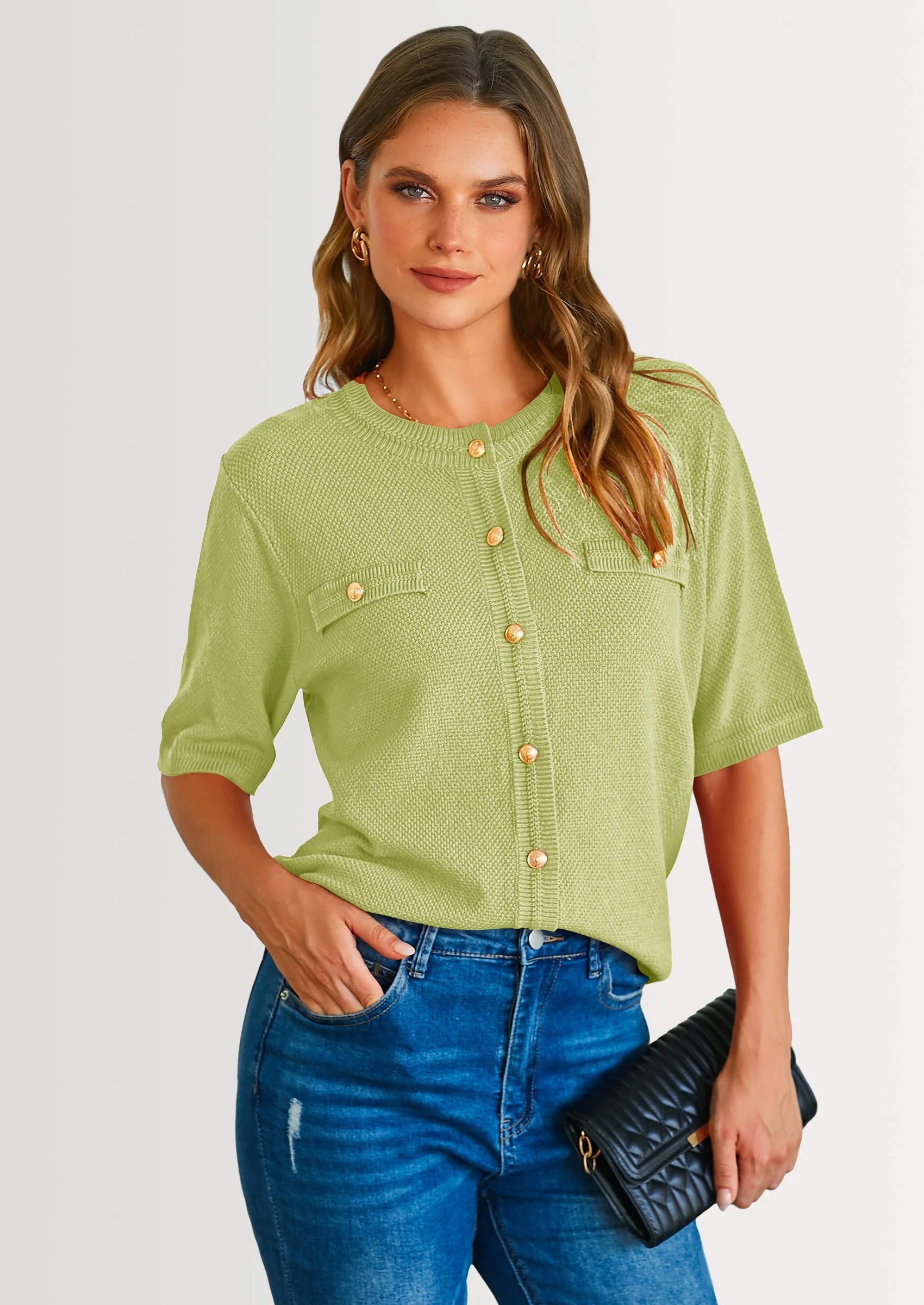 PRETTYGARDEN Women's Summer Button Down Shirts Casual Short Sleeve Crew Neck Ribbed Knit Blouse Top Cardigans