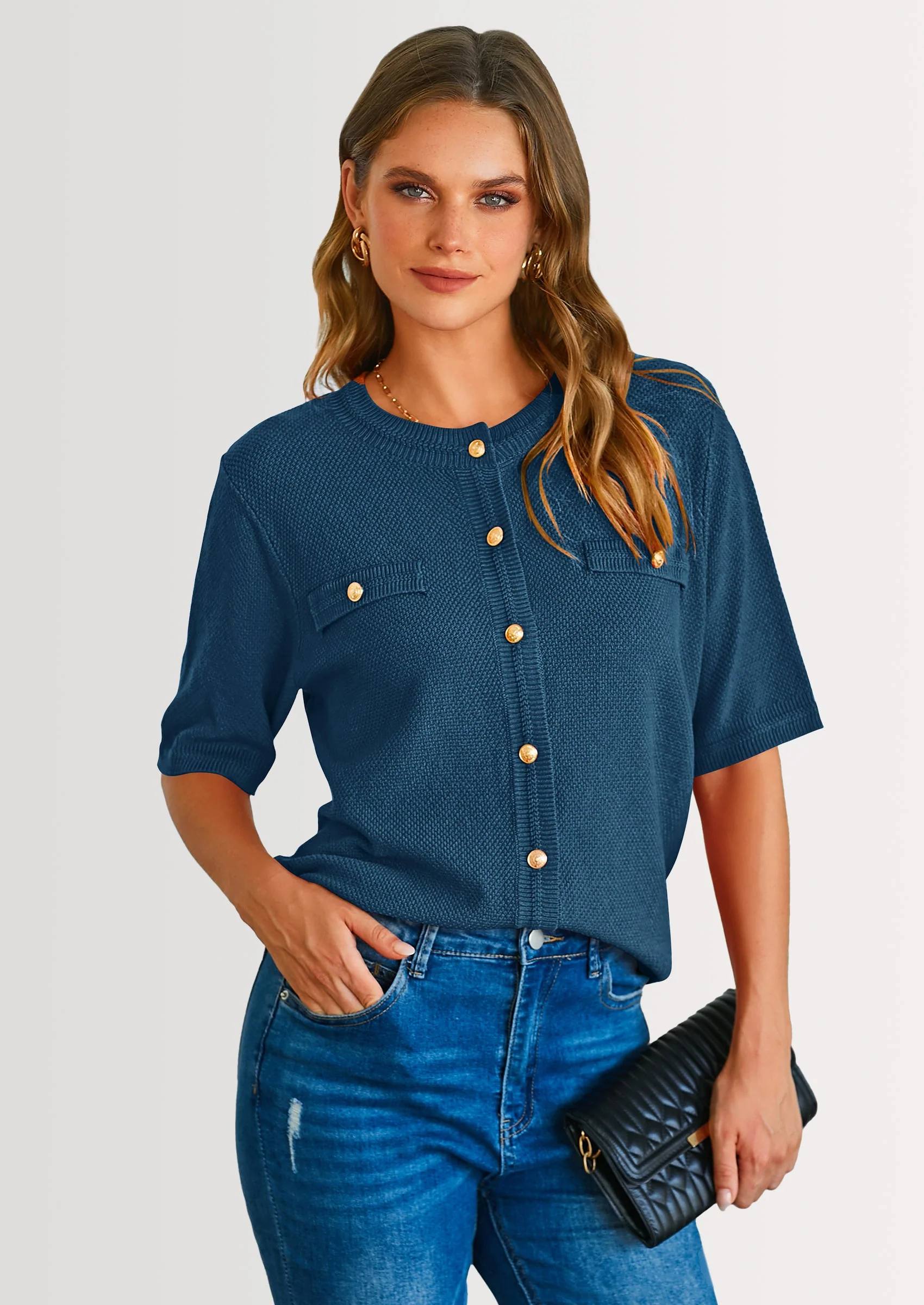 PRETTYGARDEN Women's Summer Button Down Shirts Casual Short Sleeve Crew Neck Ribbed Knit Blouse Top Cardigans - Image 14
