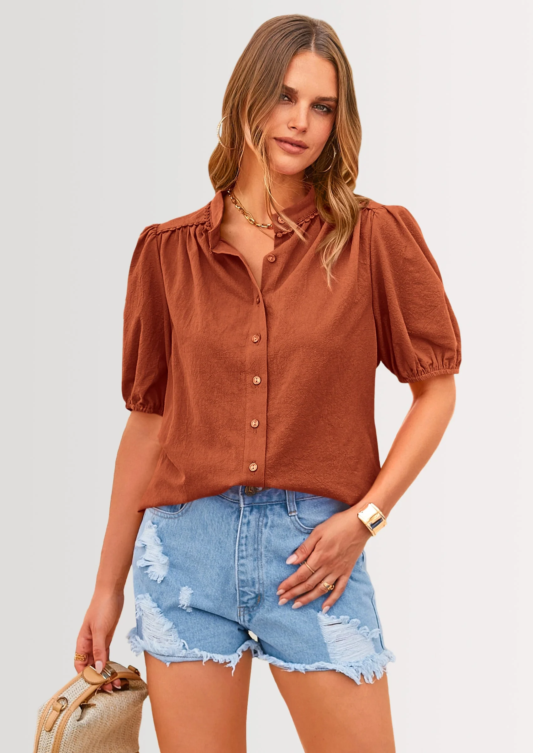 PRETTYGARDEN Women's Summer Tops Button Down Shirts Short Lantern Sleeve V Neck Cotton Cute Dressy Casual Blouses