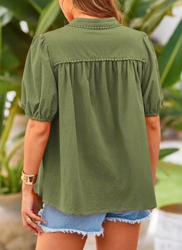 PRETTYGARDEN Women's Summer Tops Button Down Shirts Short Lantern Sleeve V Neck Cotton Cute Dressy Casual Blouses - Image 108