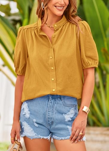 PRETTYGARDEN Women's Summer Tops Button Down Shirts Short Lantern Sleeve V Neck Cotton Cute Dressy Casual Blouses - Image 120