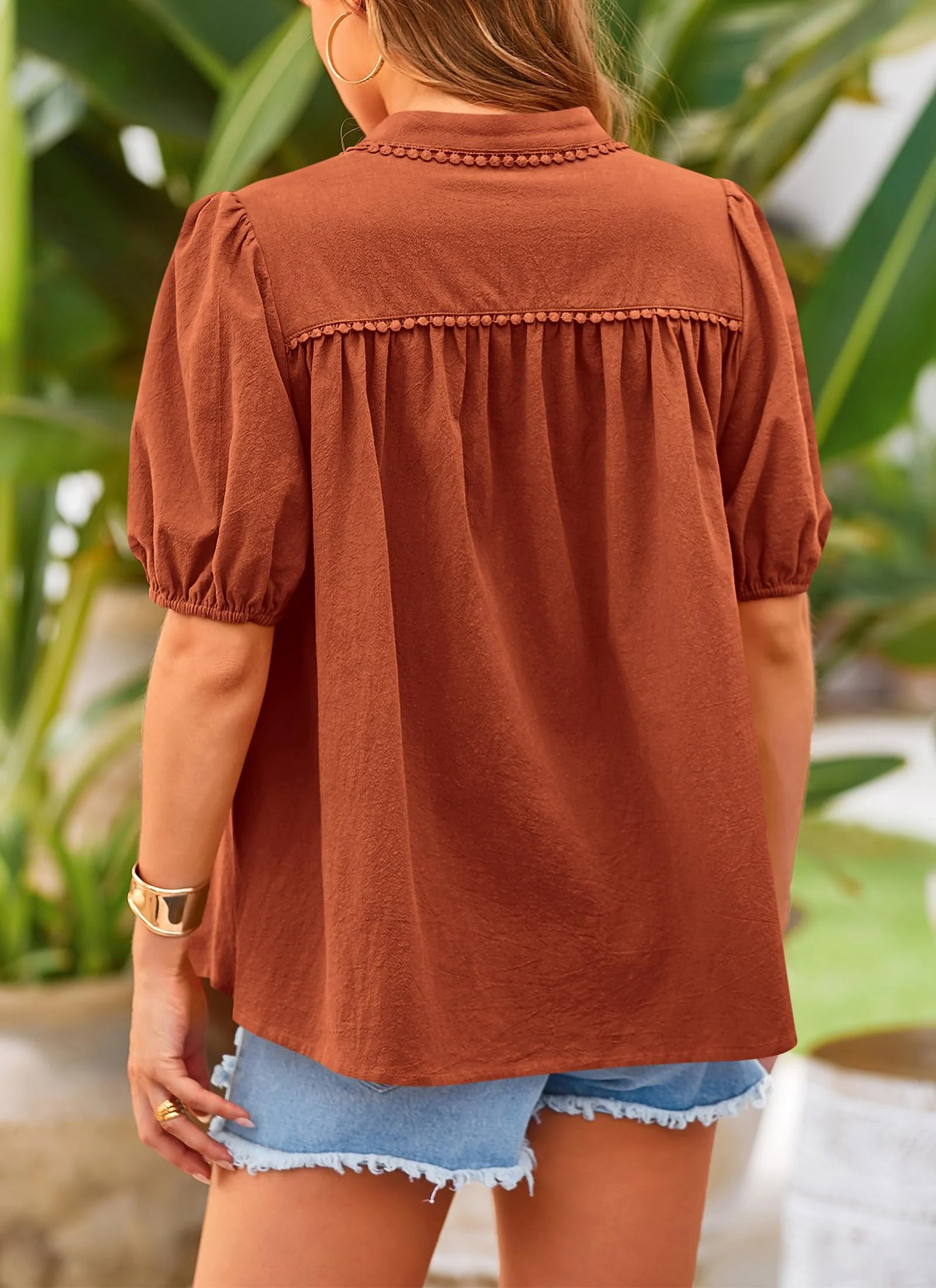 PRETTYGARDEN Women's Summer Tops Button Down Shirts Short Lantern Sleeve V Neck Cotton Cute Dressy Casual Blouses - Image 2