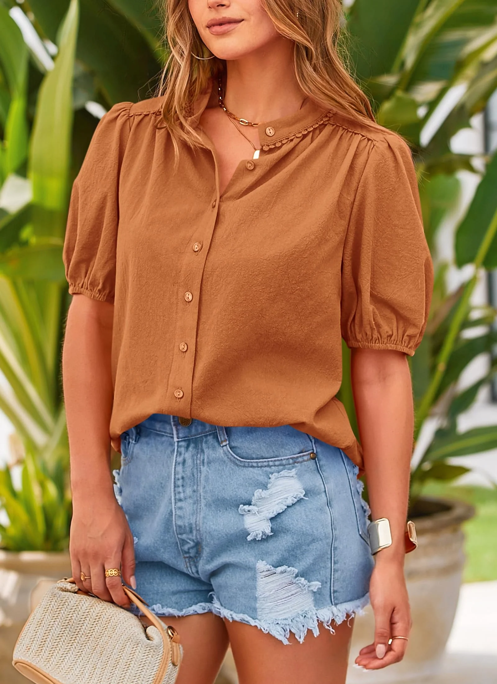 PRETTYGARDEN Women's Summer Tops Button Down Shirts Short Lantern Sleeve V Neck Cotton Cute Dressy Casual Blouses - Image 23