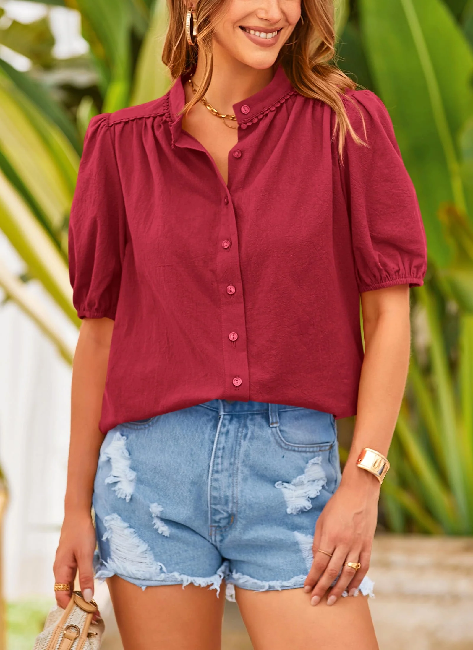 PRETTYGARDEN Women's Summer Tops Button Down Shirts Short Lantern Sleeve V Neck Cotton Cute Dressy Casual Blouses - Image 32