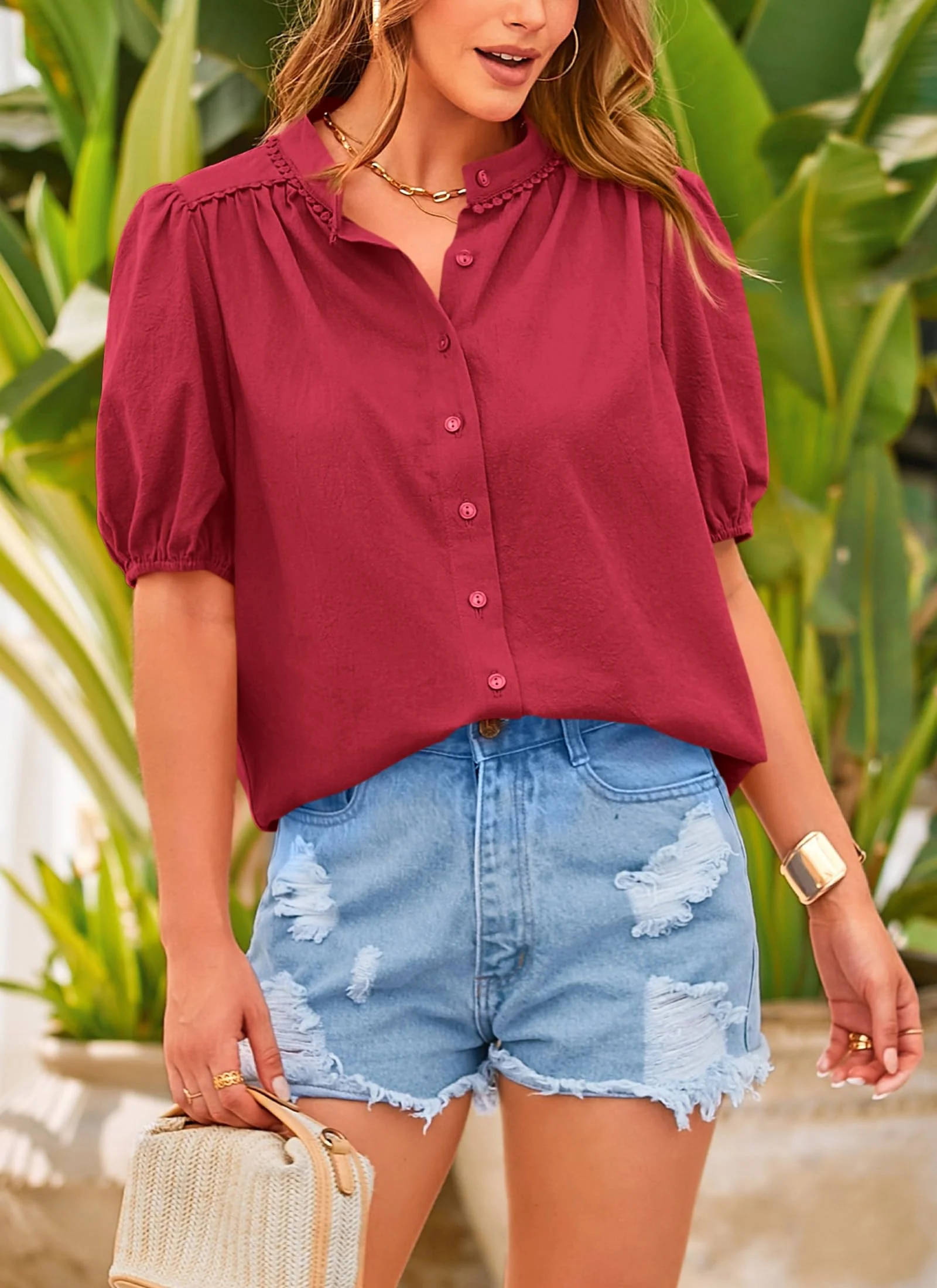 PRETTYGARDEN Women's Summer Tops Button Down Shirts Short Lantern Sleeve V Neck Cotton Cute Dressy Casual Blouses - Image 33