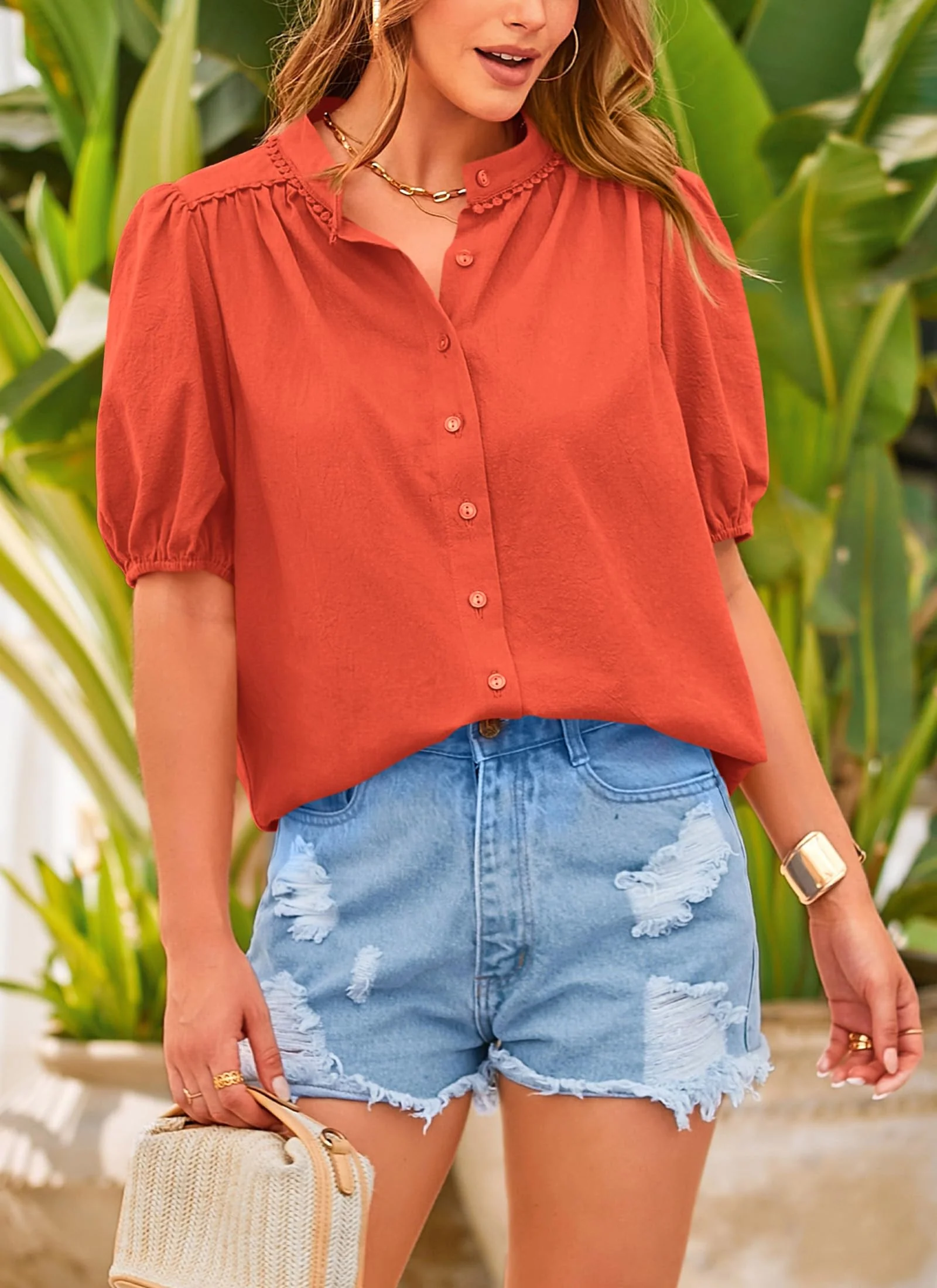 PRETTYGARDEN Women's Summer Tops Button Down Shirts Short Lantern Sleeve V Neck Cotton Cute Dressy Casual Blouses - Image 66