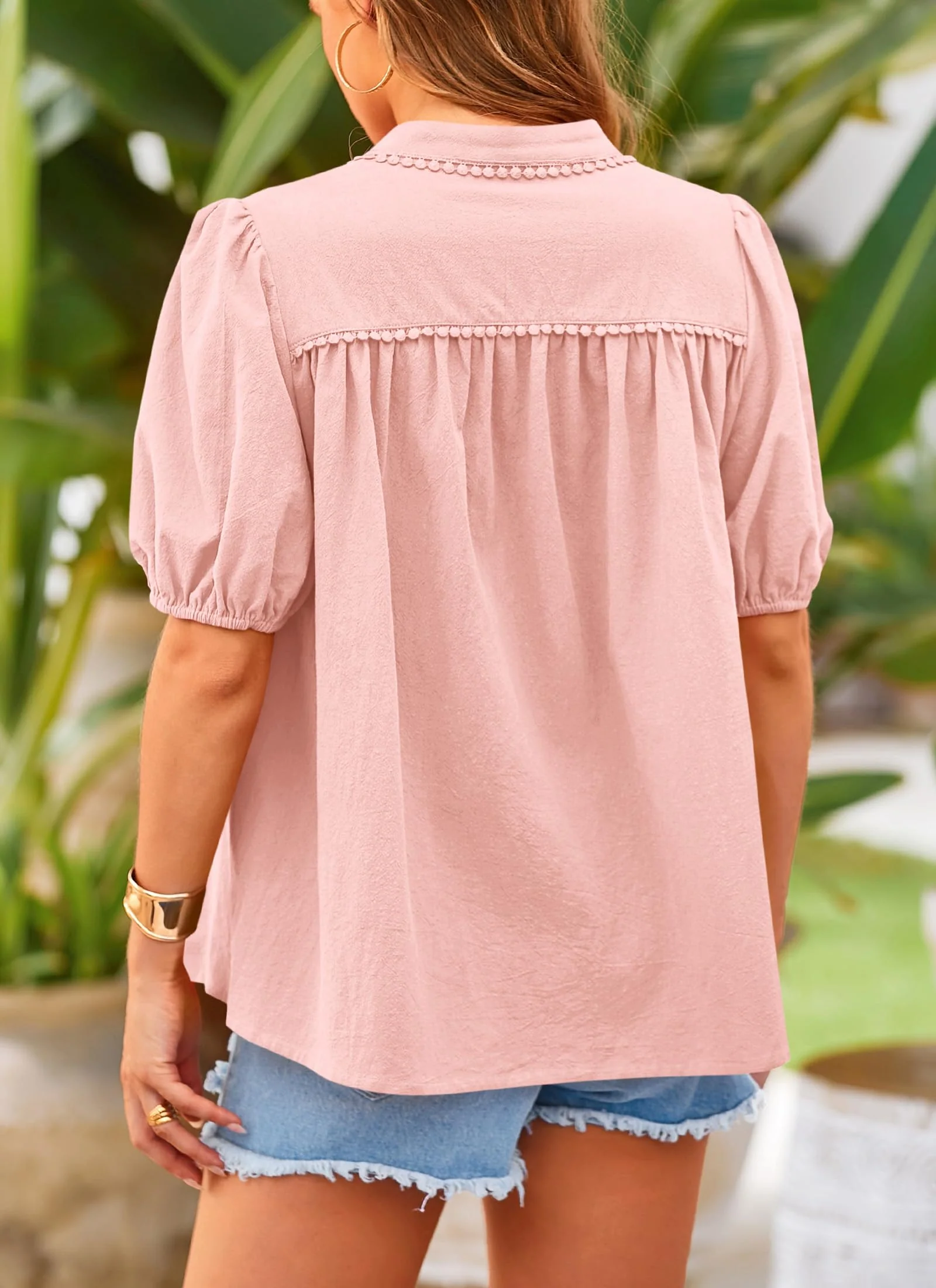 PRETTYGARDEN Women's Summer Tops Button Down Shirts Short Lantern Sleeve V Neck Cotton Cute Dressy Casual Blouses - Image 68