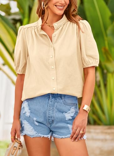 PRETTYGARDEN Women's Summer Tops Button Down Shirts Short Lantern Sleeve V Neck Cotton Cute Dressy Casual Blouses - Image 86