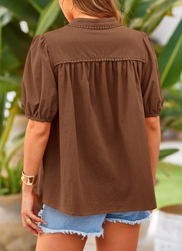 PRETTYGARDEN Women's Summer Tops Button Down Shirts Short Lantern Sleeve V Neck Cotton Cute Dressy Casual Blouses - Image 95