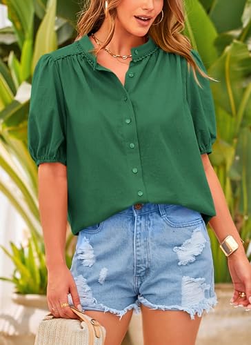 PRETTYGARDEN Women's Summer Tops Button Down Shirts Short Lantern Sleeve V Neck Cotton Cute Dressy Casual Blouses - Image 97