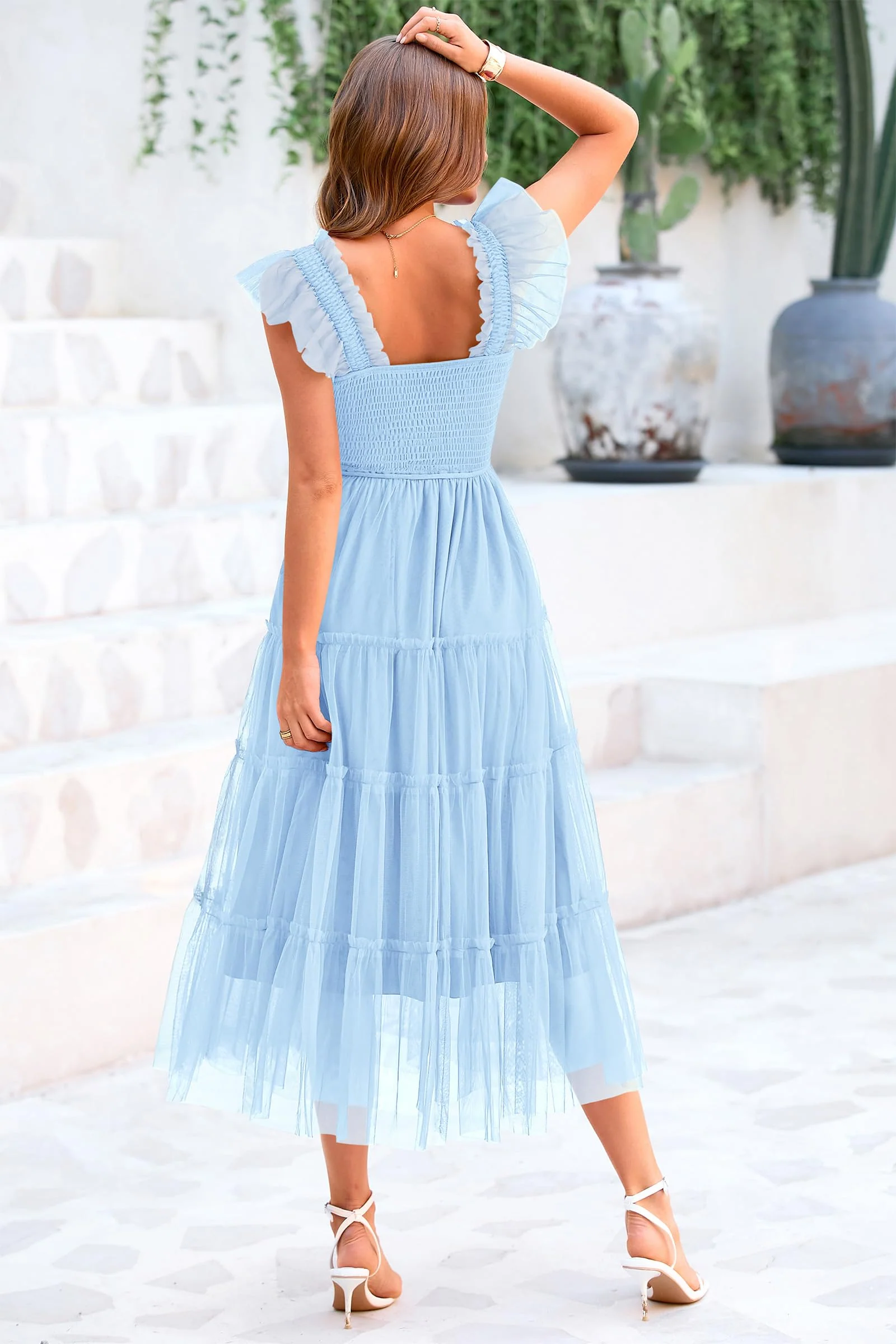 PRETTYGARDEN Women's Tulle Midi Dress Sleeveless Smocked Ruffle Mesh Flowy Dresses Party Wedding Guest Sundress - Image 12