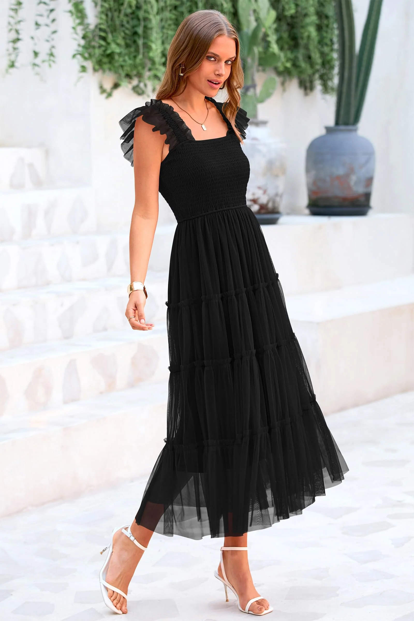 PRETTYGARDEN Women's Tulle Midi Dress Sleeveless Smocked Ruffle Mesh Flowy Dresses Party Wedding Guest Sundress - Image 37