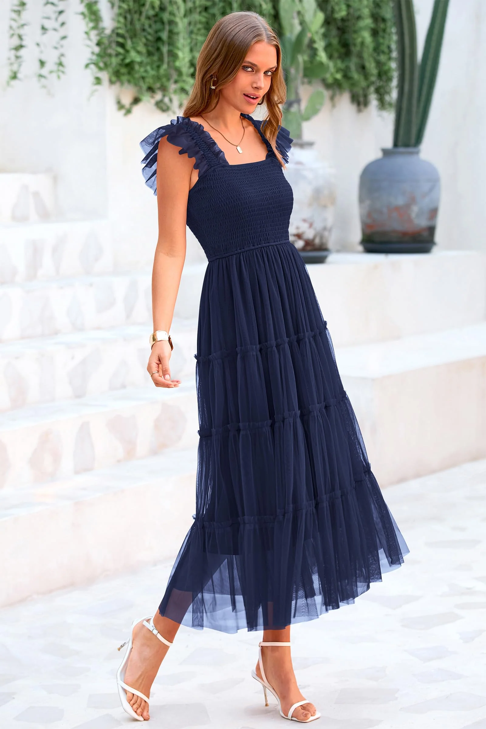 PRETTYGARDEN Women's Tulle Midi Dress Sleeveless Smocked Ruffle Mesh Flowy Dresses Party Wedding Guest Sundress - Image 65