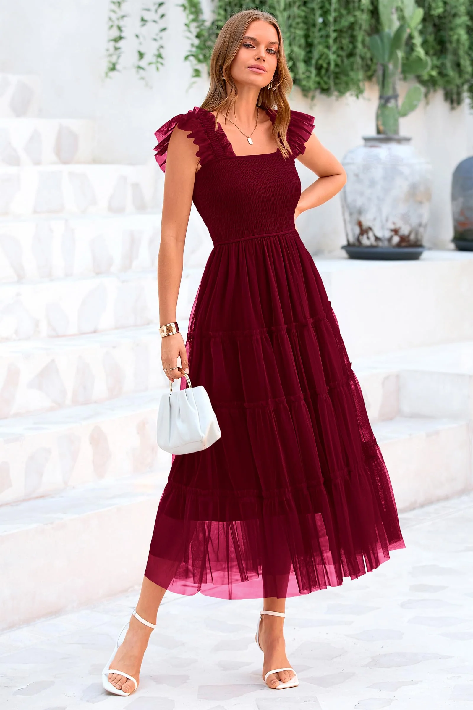 PRETTYGARDEN Women's Tulle Midi Dress Sleeveless Smocked Ruffle Mesh Flowy Dresses Party Wedding Guest Sundress - Image 72