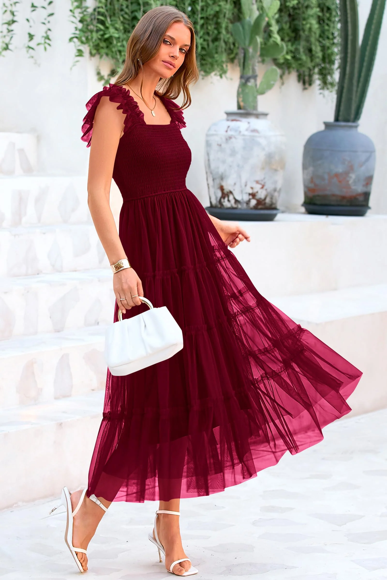 PRETTYGARDEN Women's Tulle Midi Dress Sleeveless Smocked Ruffle Mesh Flowy Dresses Party Wedding Guest Sundress - Image 73