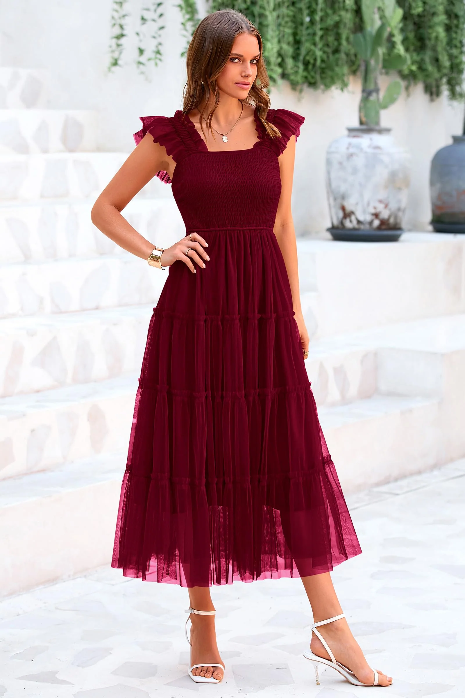 PRETTYGARDEN Women's Tulle Midi Dress Sleeveless Smocked Ruffle Mesh Flowy Dresses Party Wedding Guest Sundress - Image 74