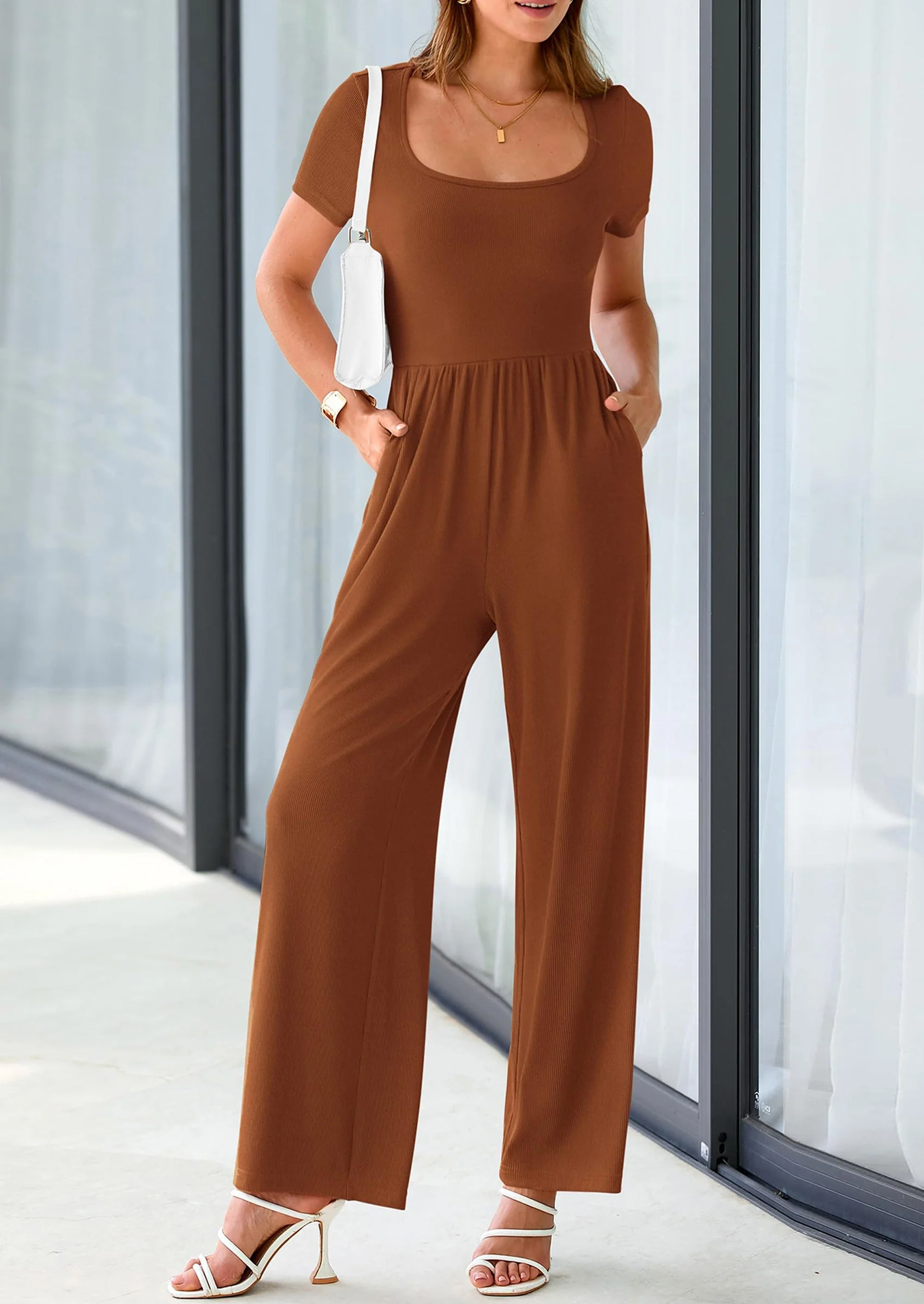 PRETTYGARDEN Women's Summer One Piece Jumpsuits Dressy Casual Short Sleeve Square Neck Wide Leg Jumpsuit Rompers - Image 37