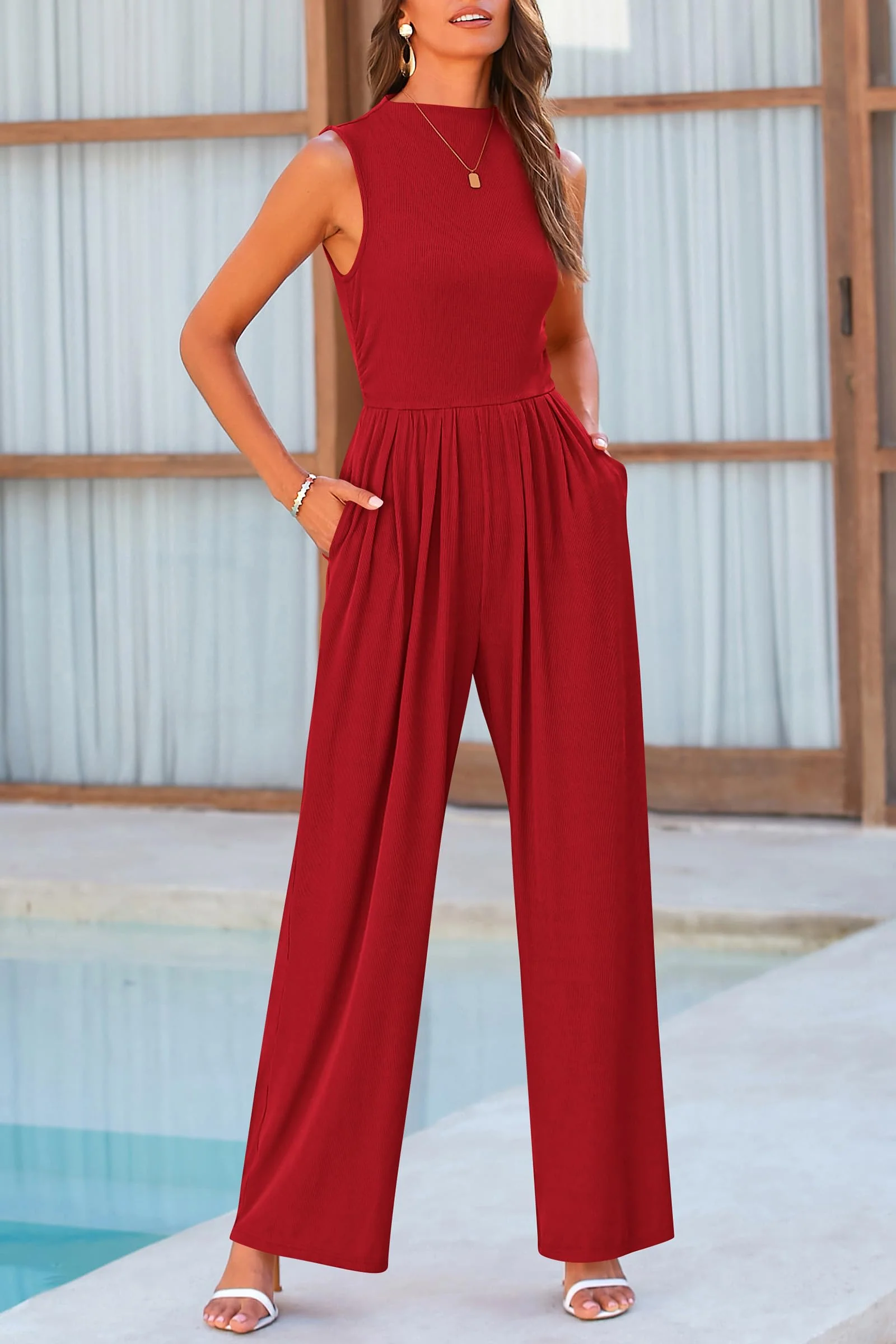 PRETTYGARDEN Womens Summer Jumpsuits Dressy Casual One Piece Outfits Sleeveless Mock Neck Wide Leg Pants Rompers with Pockets - Image 113