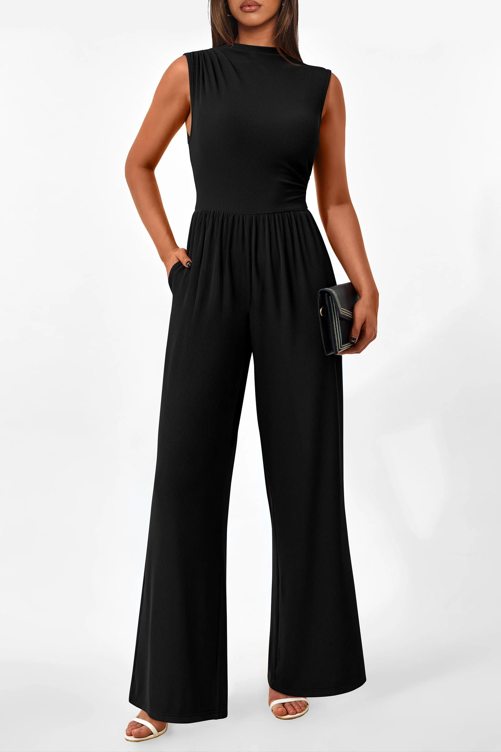 PRETTYGARDEN Womens Summer Jumpsuits Dressy Casual One Piece Outfits Sleeveless Mock Neck Wide Leg Pants Rompers with Pockets - Image 123