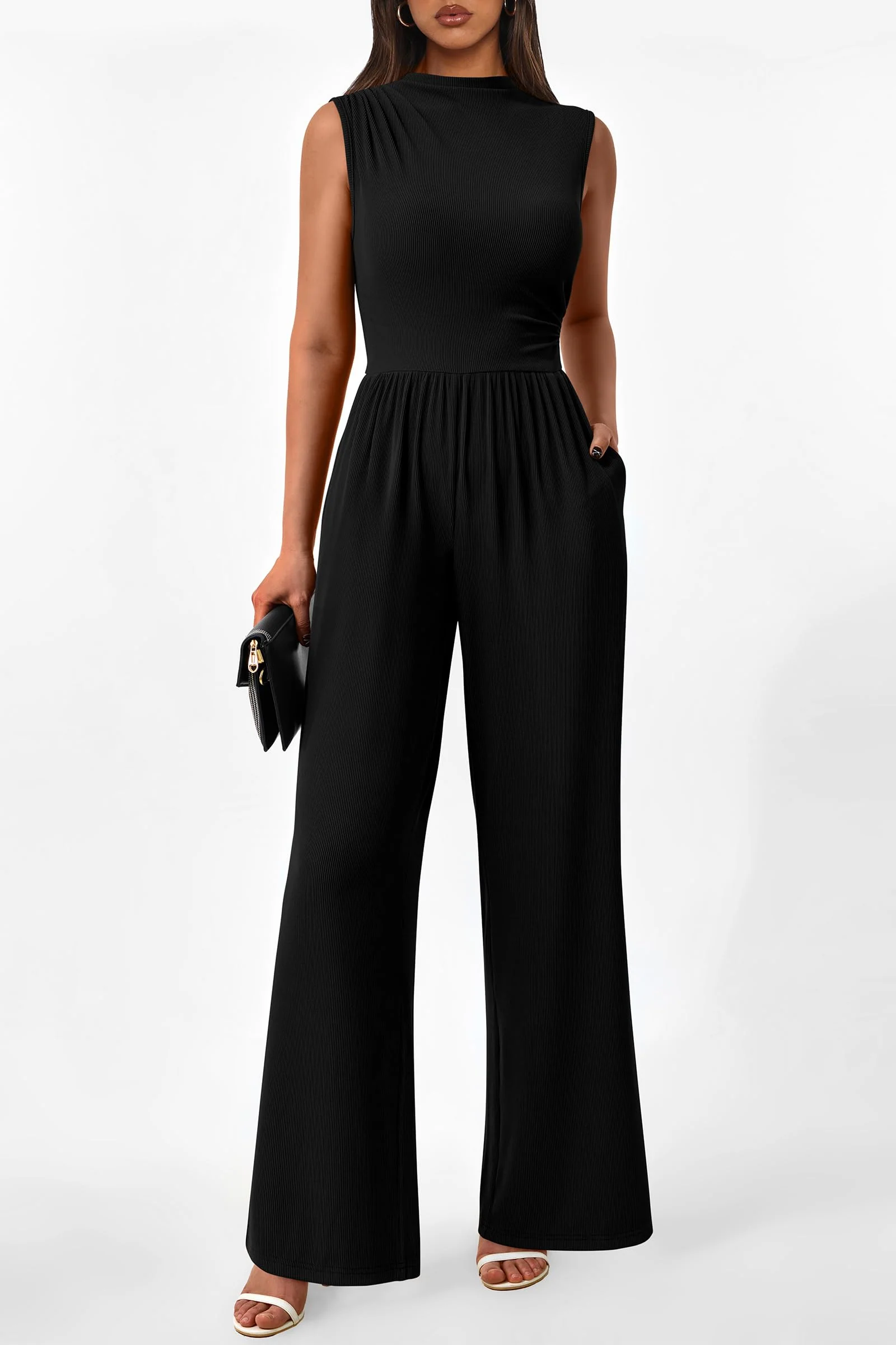 PRETTYGARDEN Womens Summer Jumpsuits Dressy Casual One Piece Outfits Sleeveless Mock Neck Wide Leg Pants Rompers with Pockets - Image 125