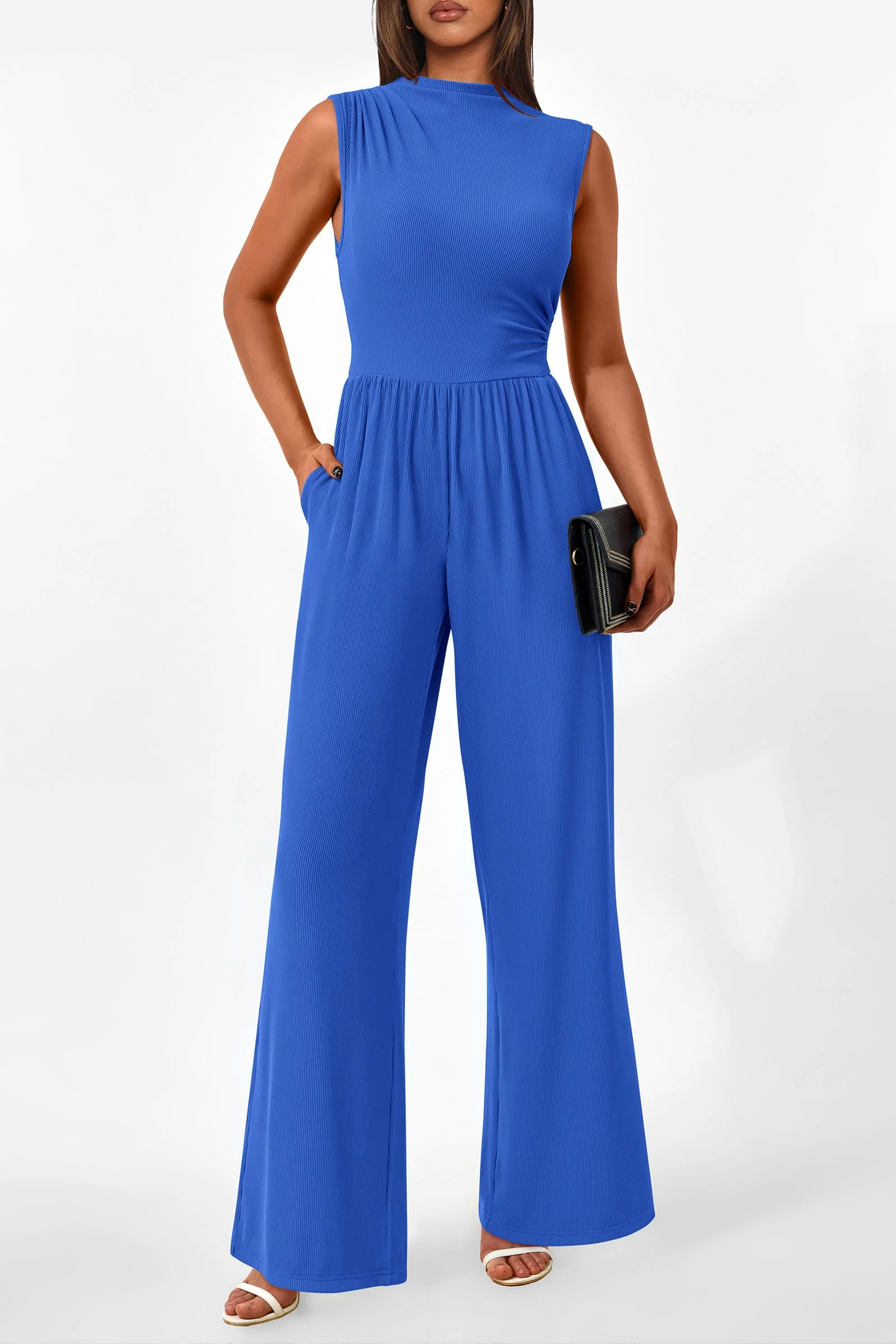 PRETTYGARDEN Womens Summer Jumpsuits Dressy Casual One Piece Outfits Sleeveless Mock Neck Wide Leg Pants Rompers with Pockets - Image 130