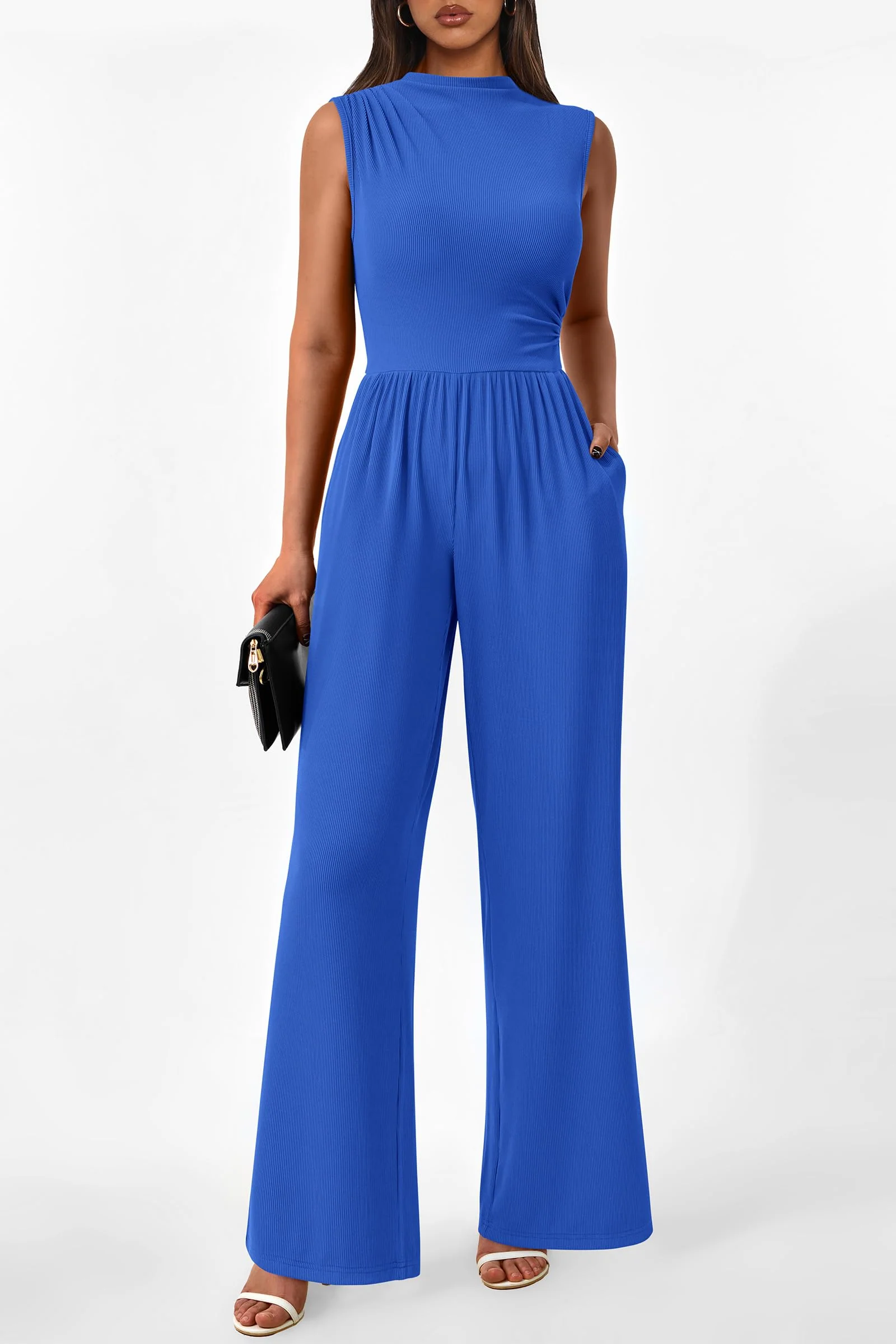 PRETTYGARDEN Womens Summer Jumpsuits Dressy Casual One Piece Outfits Sleeveless Mock Neck Wide Leg Pants Rompers with Pockets - Image 131