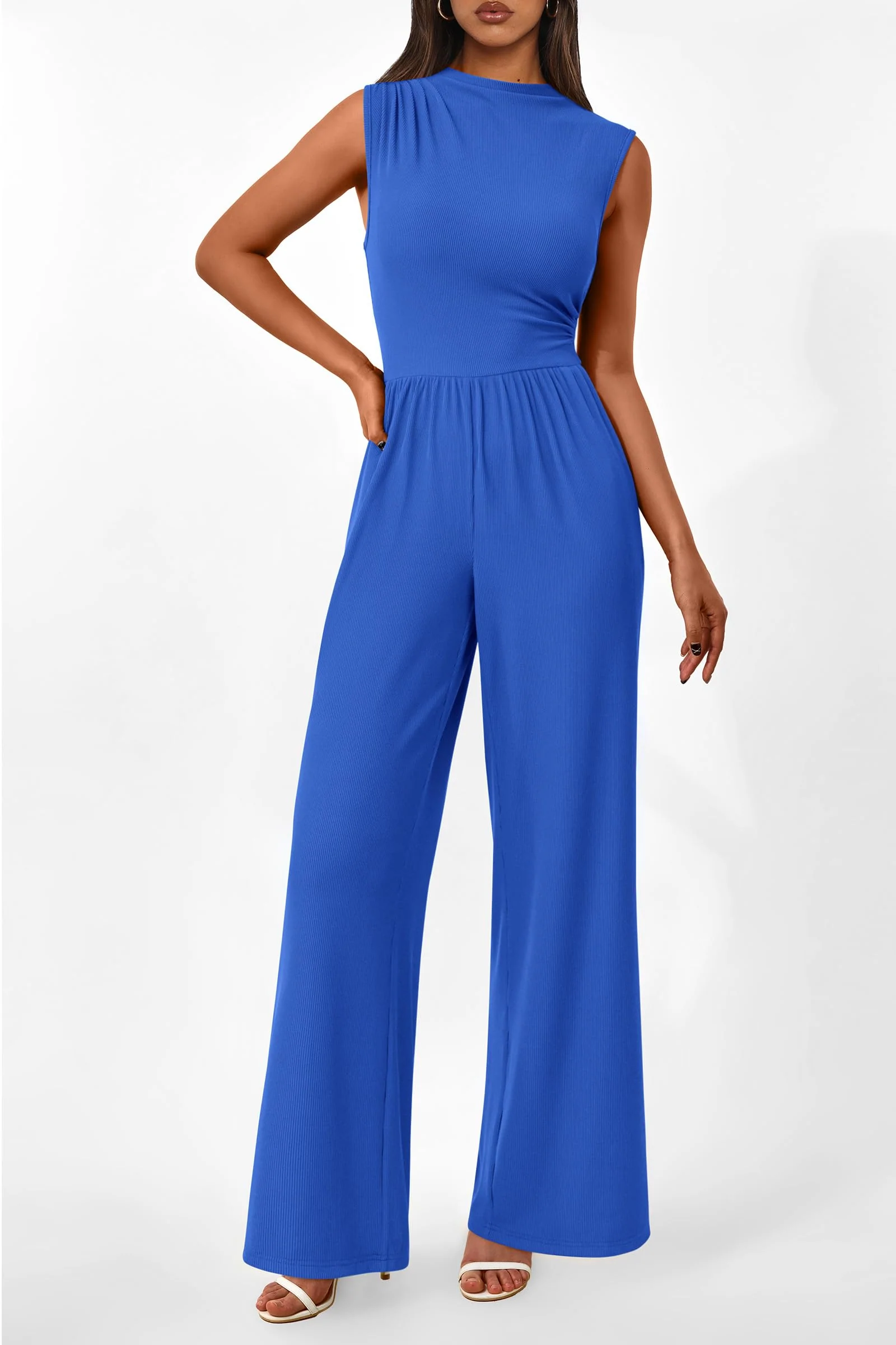 PRETTYGARDEN Womens Summer Jumpsuits Dressy Casual One Piece Outfits Sleeveless Mock Neck Wide Leg Pants Rompers with Pockets - Image 132