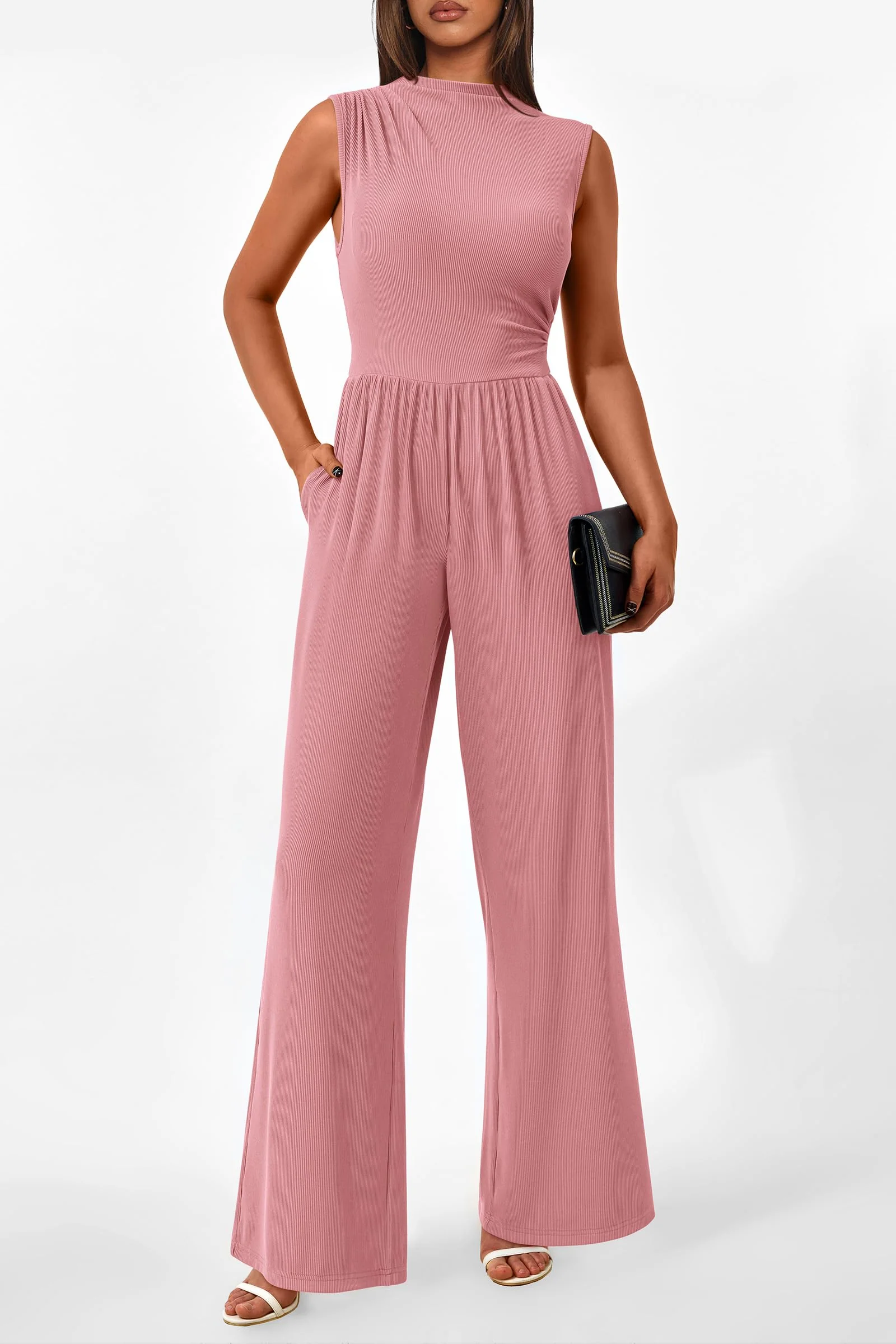 PRETTYGARDEN Womens Summer Jumpsuits Dressy Casual One Piece Outfits Sleeveless Mock Neck Wide Leg Pants Rompers with Pockets - Image 145
