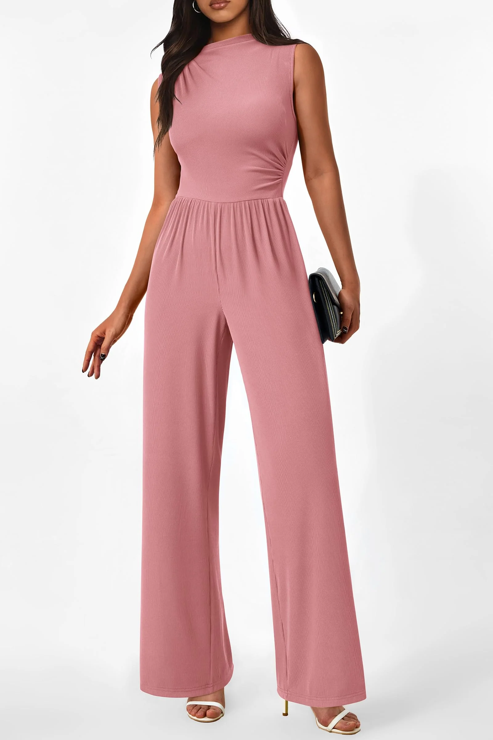 PRETTYGARDEN Womens Summer Jumpsuits Dressy Casual One Piece Outfits Sleeveless Mock Neck Wide Leg Pants Rompers with Pockets - Image 147