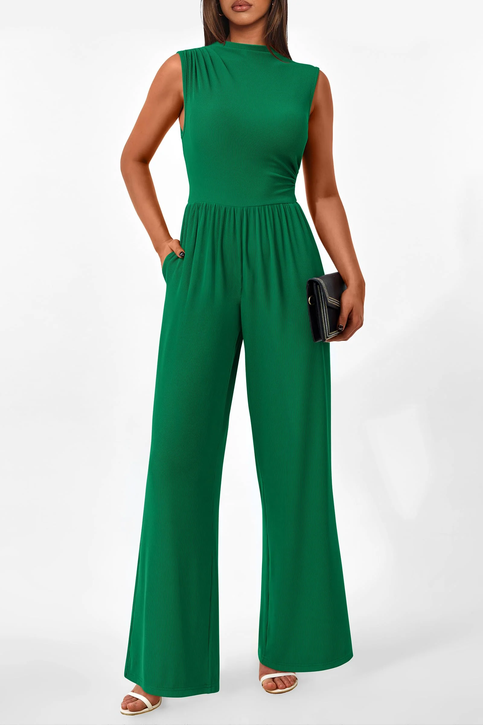 PRETTYGARDEN Womens Summer Jumpsuits Dressy Casual One Piece Outfits Sleeveless Mock Neck Wide Leg Pants Rompers with Pockets - Image 151