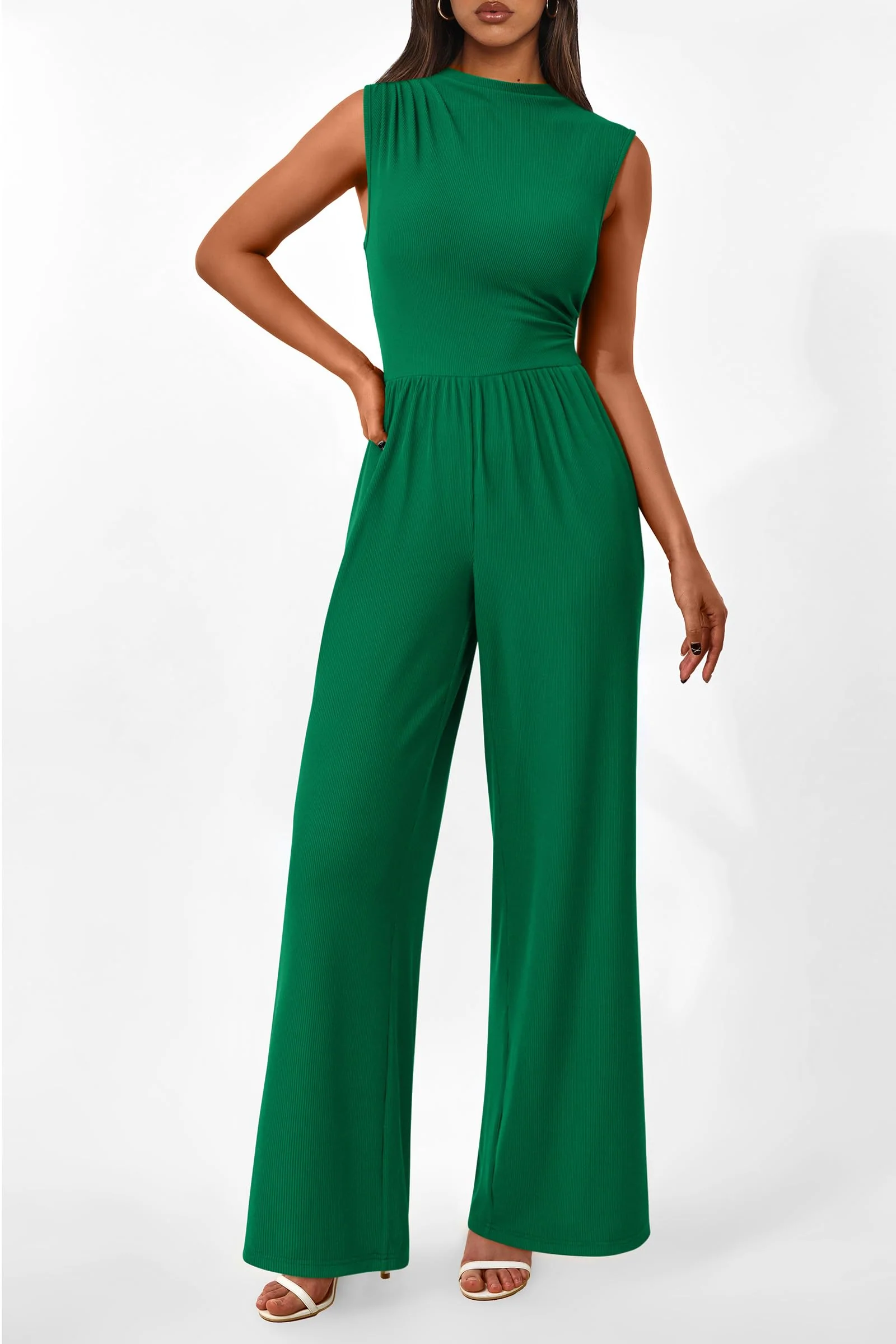 PRETTYGARDEN Womens Summer Jumpsuits Dressy Casual One Piece Outfits Sleeveless Mock Neck Wide Leg Pants Rompers with Pockets - Image 152