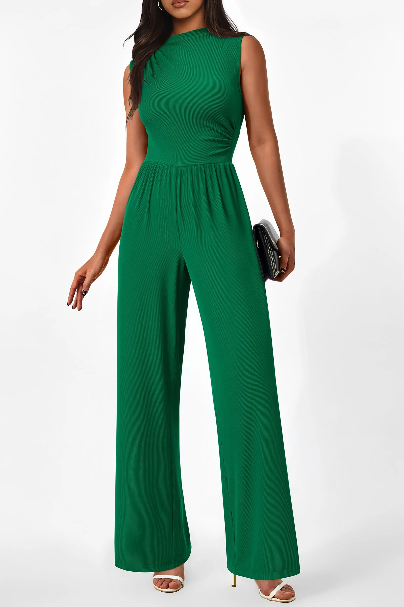 PRETTYGARDEN Womens Summer Jumpsuits Dressy Casual One Piece Outfits Sleeveless Mock Neck Wide Leg Pants Rompers with Pockets - Image 154