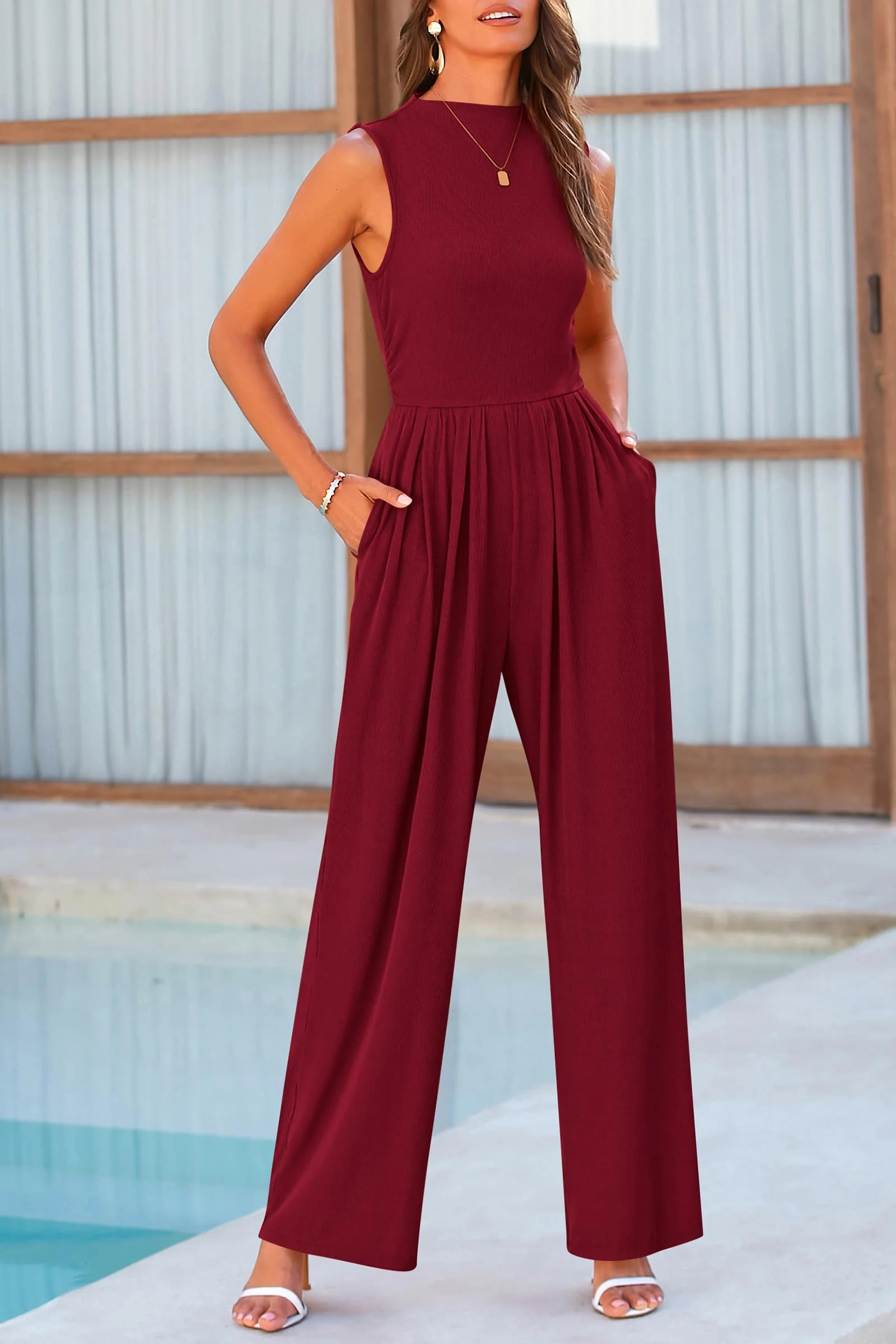 PRETTYGARDEN Womens Summer Jumpsuits Dressy Casual One Piece Outfits Sleeveless Mock Neck Wide Leg Pants Rompers with Pockets - Image 158