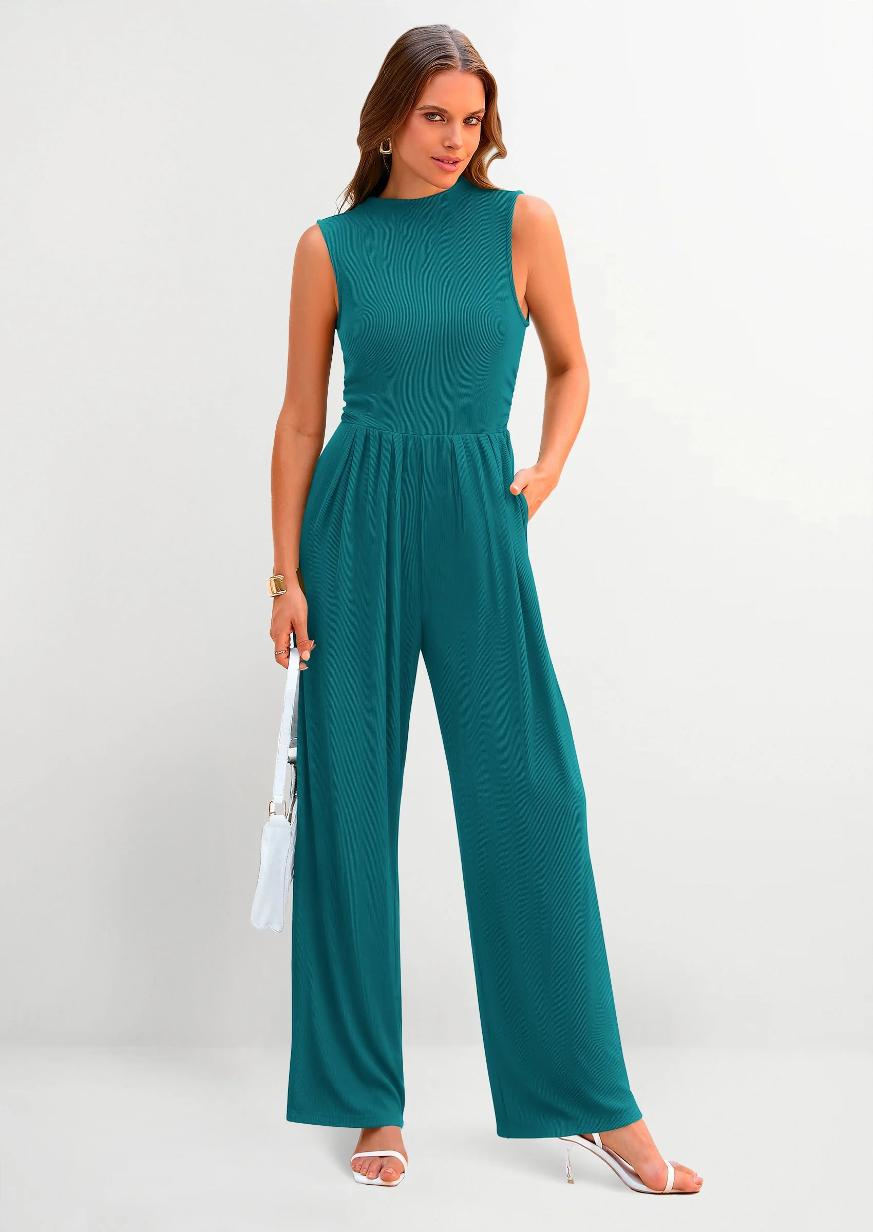 PRETTYGARDEN Womens Summer Jumpsuits Dressy Casual One Piece Outfits Sleeveless Mock Neck Wide Leg Pants Rompers with Pockets - Image 8