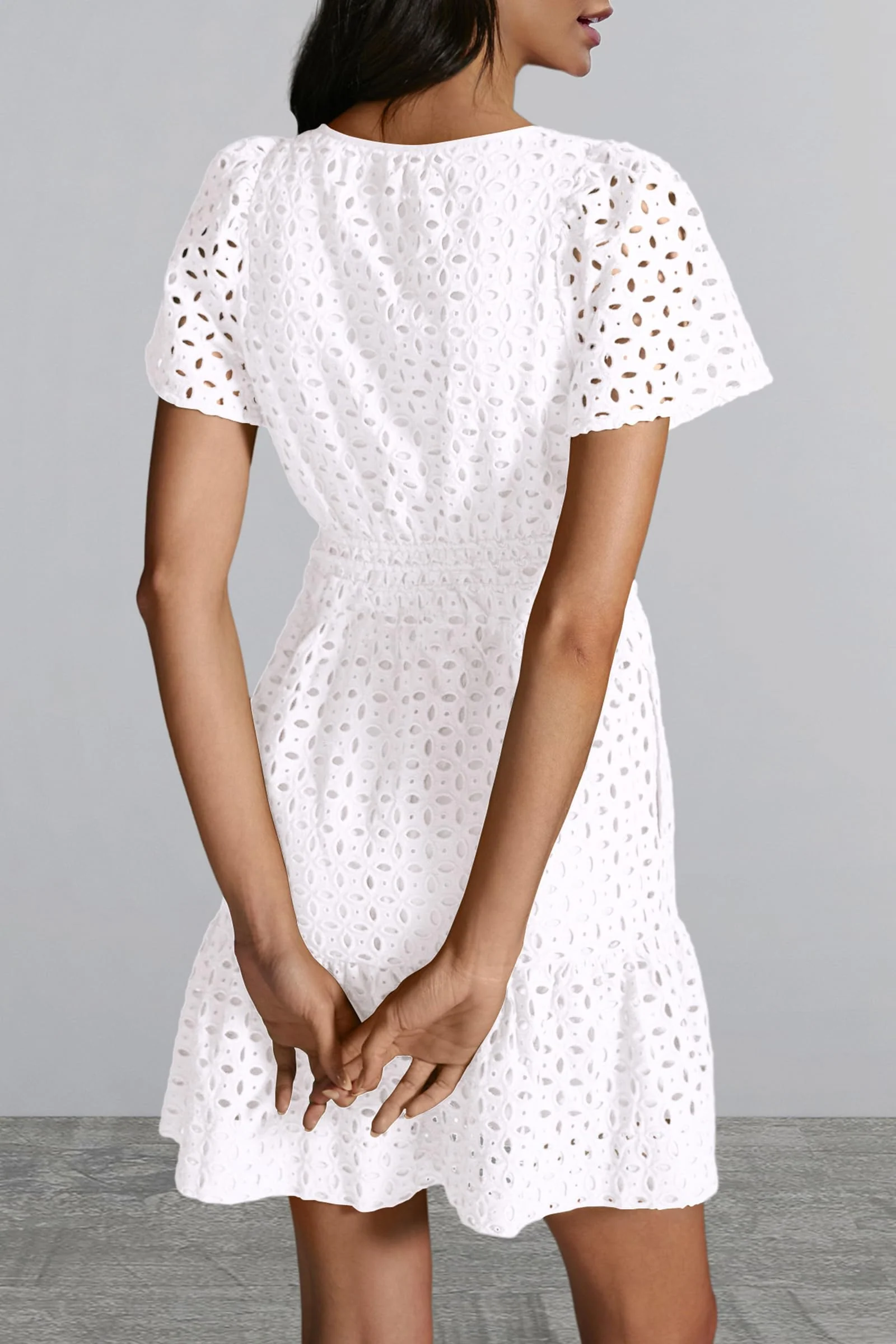 PRETTYGARDEN Women Summer Short Dress V Neck Short Sleeve A Line Hollow Out Lace Ruffle Cute Casual Beach Party Dresses - Image 30