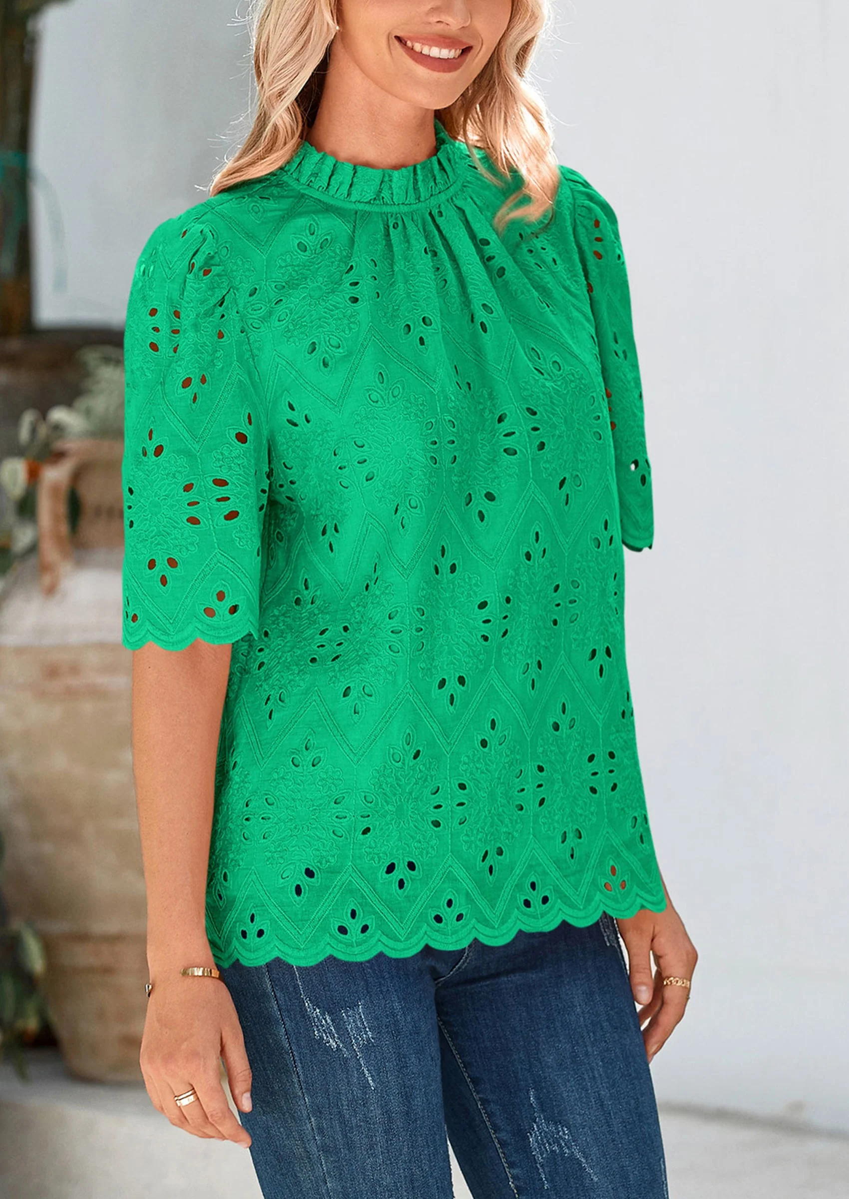 PRETTYGARDEN Womens Summer Tops Trendy Short Sleeve Eyelet Embroidered Dressy Casual Blouse Shirts - Image 4