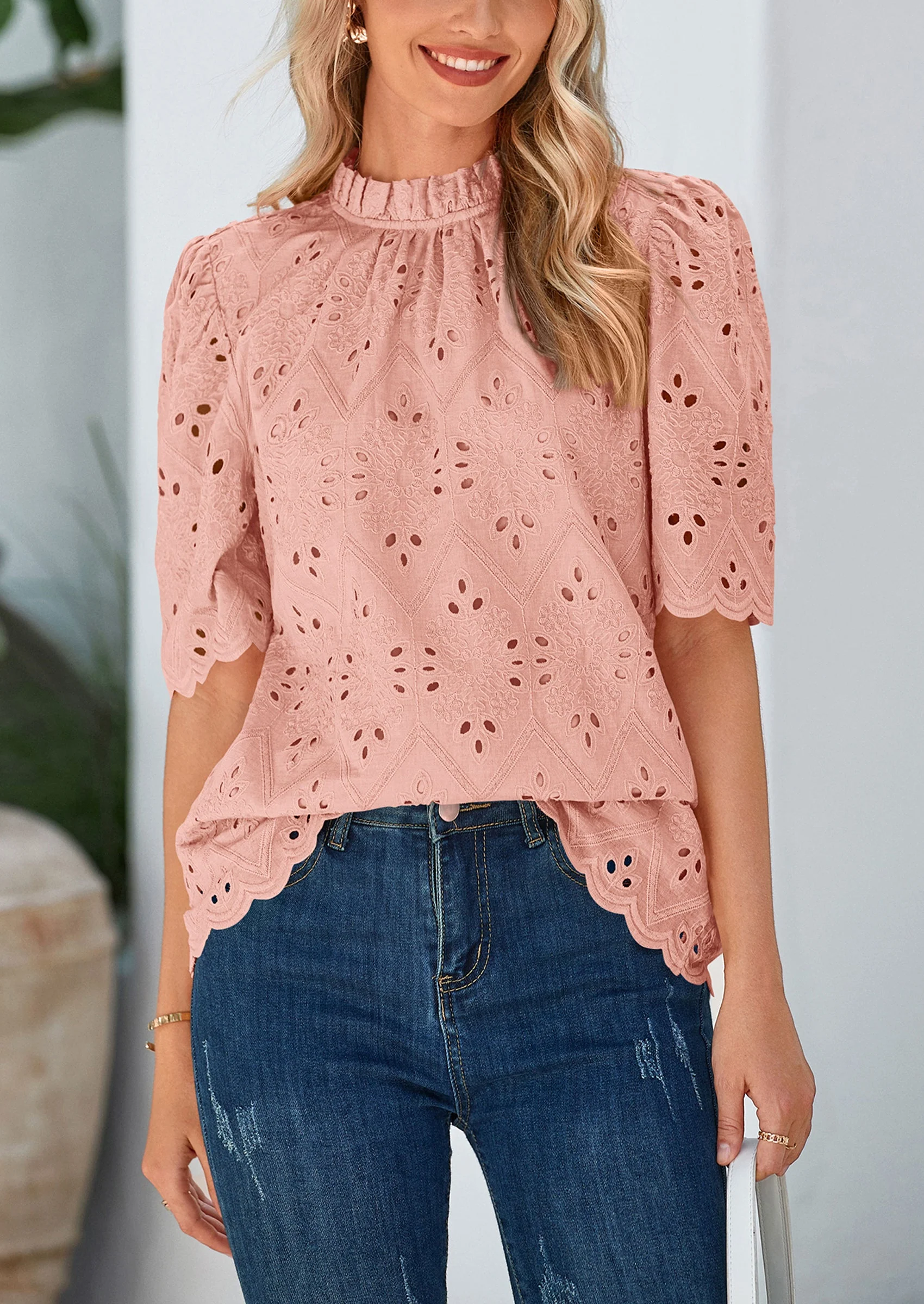 PRETTYGARDEN Womens Summer Tops Trendy Short Sleeve Eyelet Embroidered Dressy Casual Blouse Shirts - Image 40