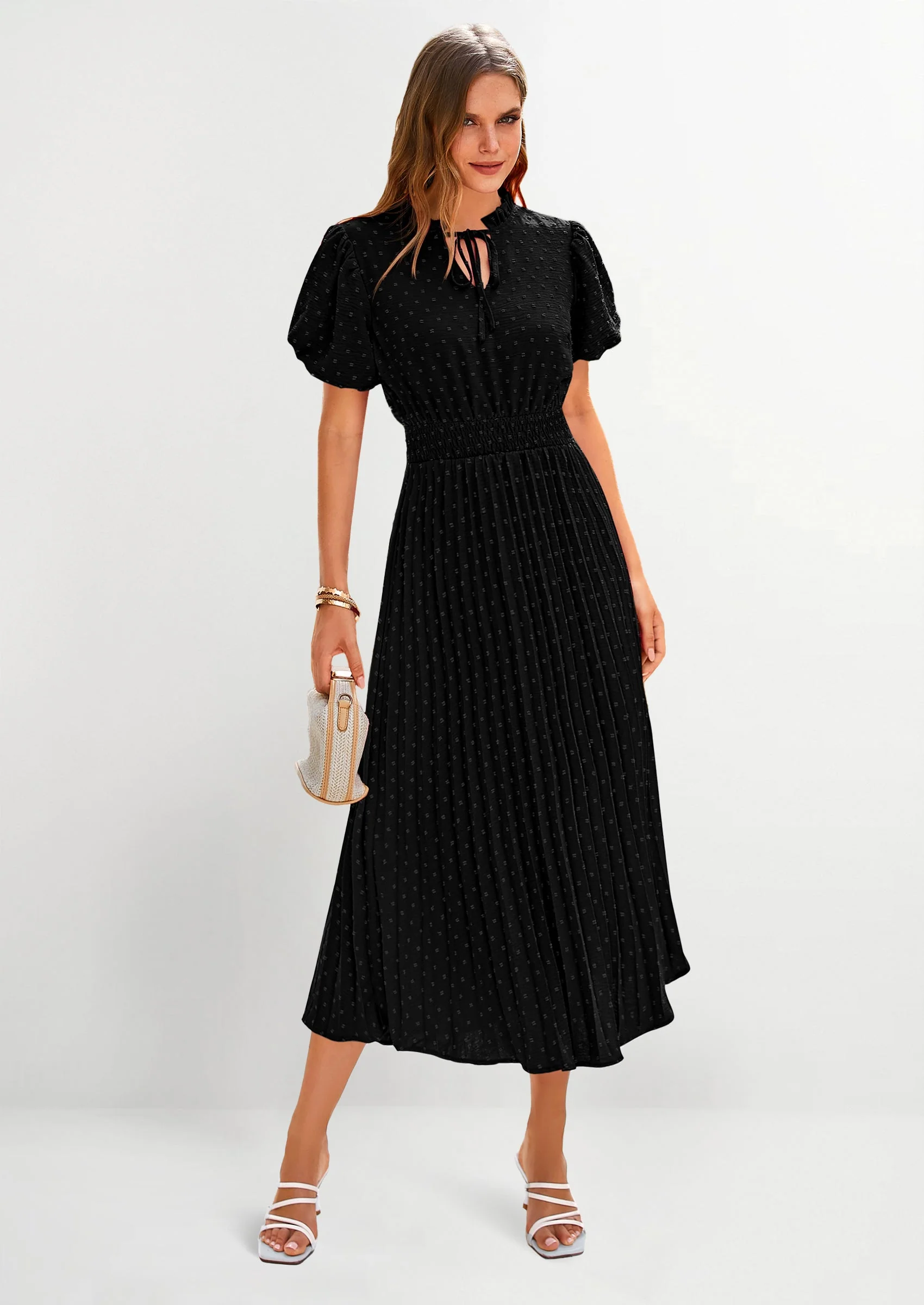 PRETTYGARDEN Womens Midi Dresses Puff Short Sleeve V Neck Swiss Dot Pleated A Line Flowy Long Wedding Guest Dress - Image 14