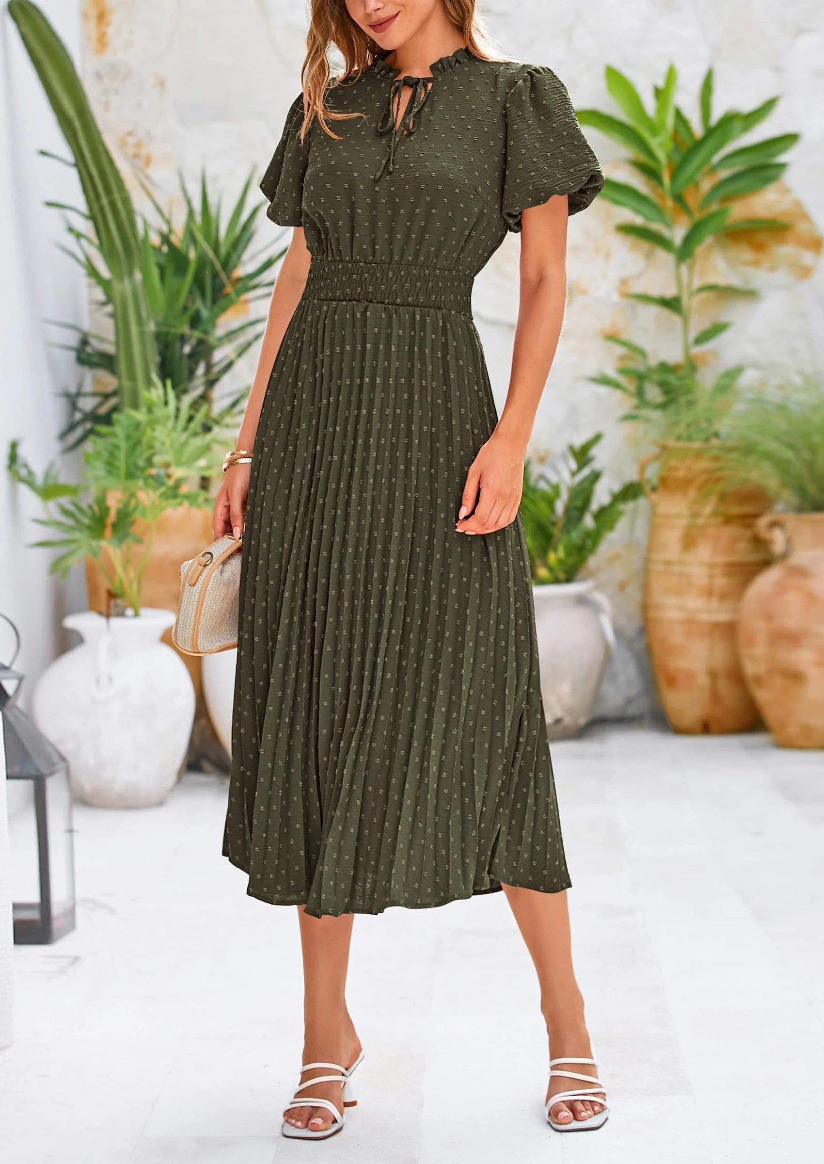 PRETTYGARDEN Womens Midi Dresses Puff Short Sleeve V Neck Swiss Dot Pleated A Line Flowy Long Wedding Guest Dress - Image 24