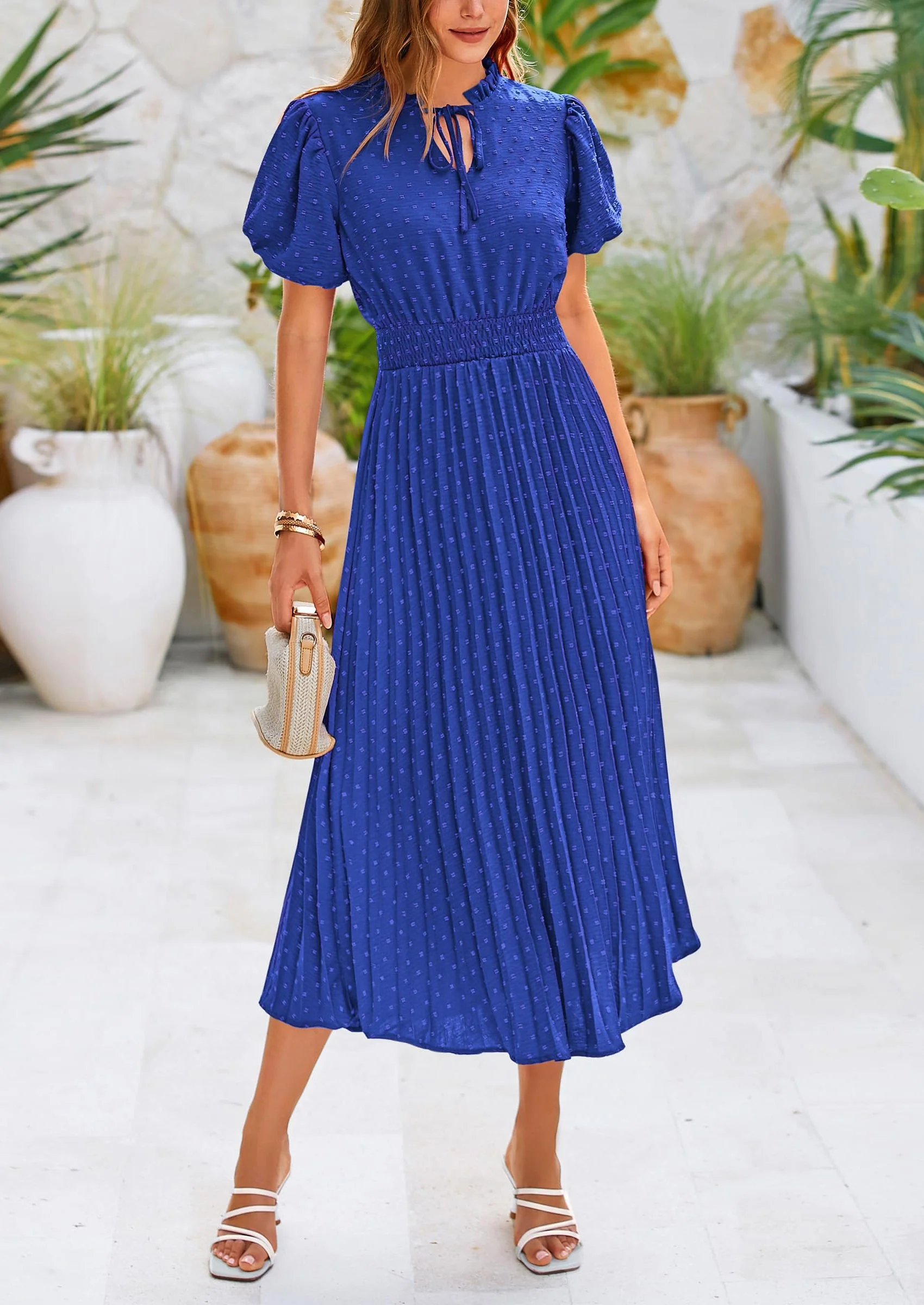 PRETTYGARDEN Womens Midi Dresses Puff Short Sleeve V Neck Swiss Dot Pleated A Line Flowy Long Wedding Guest Dress - Image 28