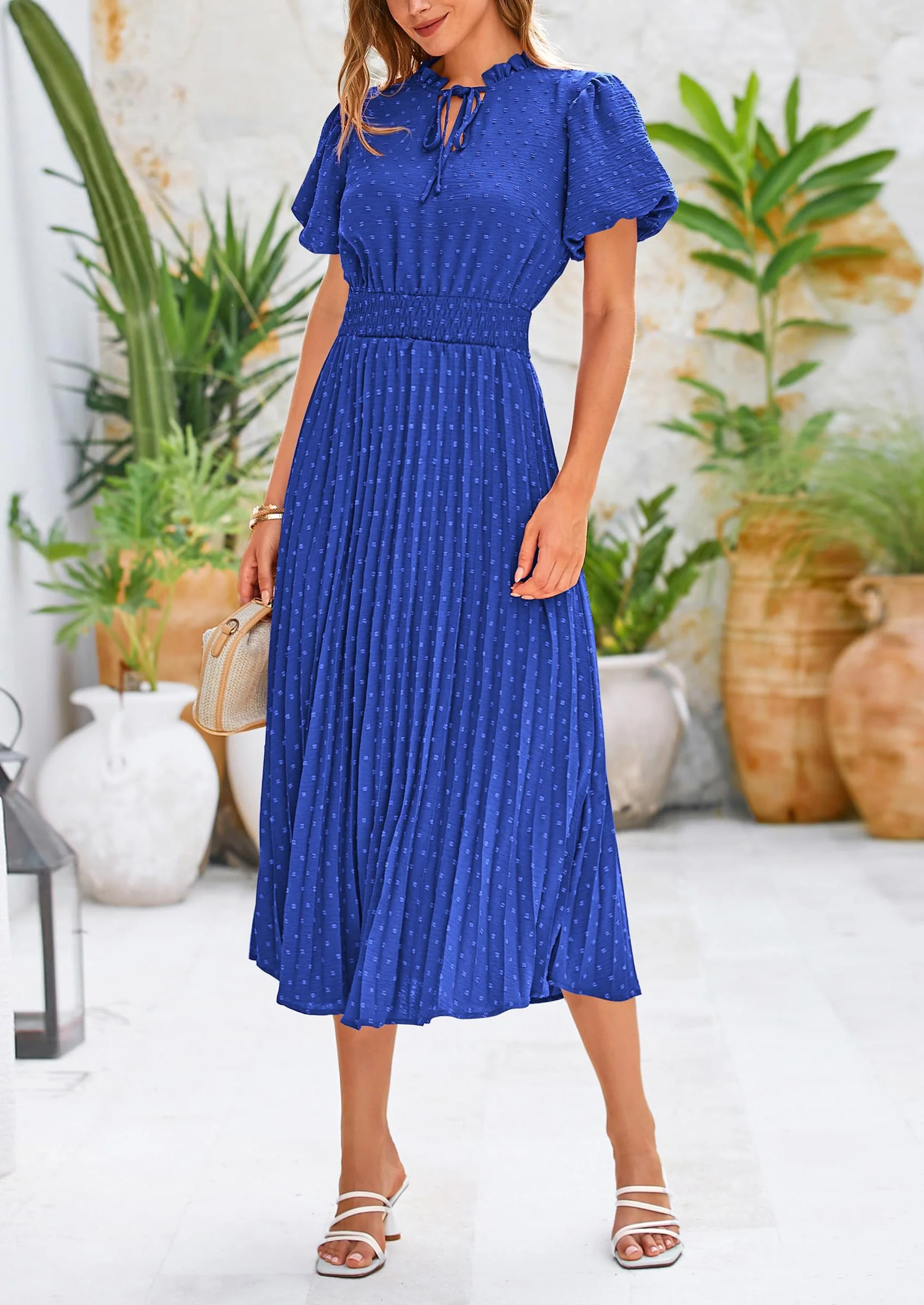 PRETTYGARDEN Womens Midi Dresses Puff Short Sleeve V Neck Swiss Dot Pleated A Line Flowy Long Wedding Guest Dress - Image 31